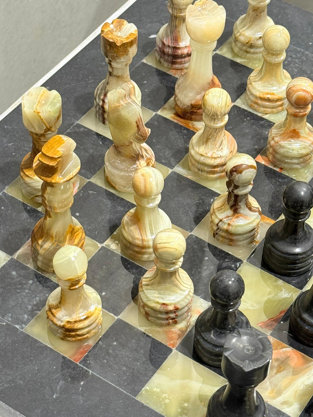 Hand carved Green Onyx and Black Marble chess pieces