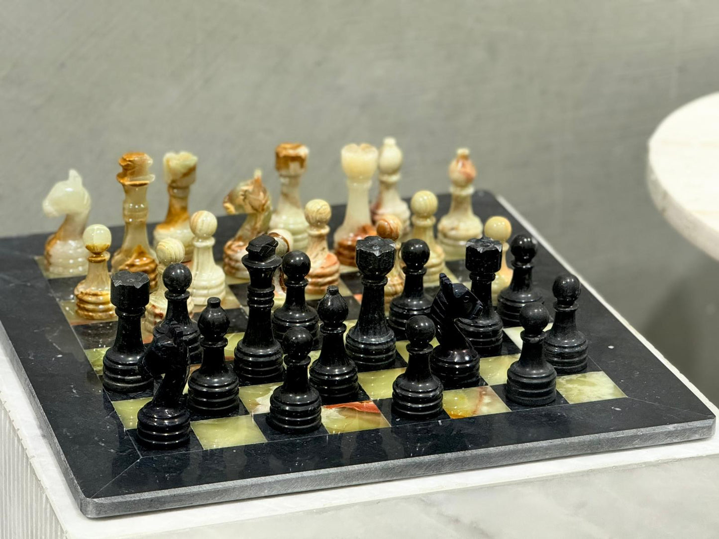 Maha Green Onyx and Black Marble Chess Set handcrafted from natural stone