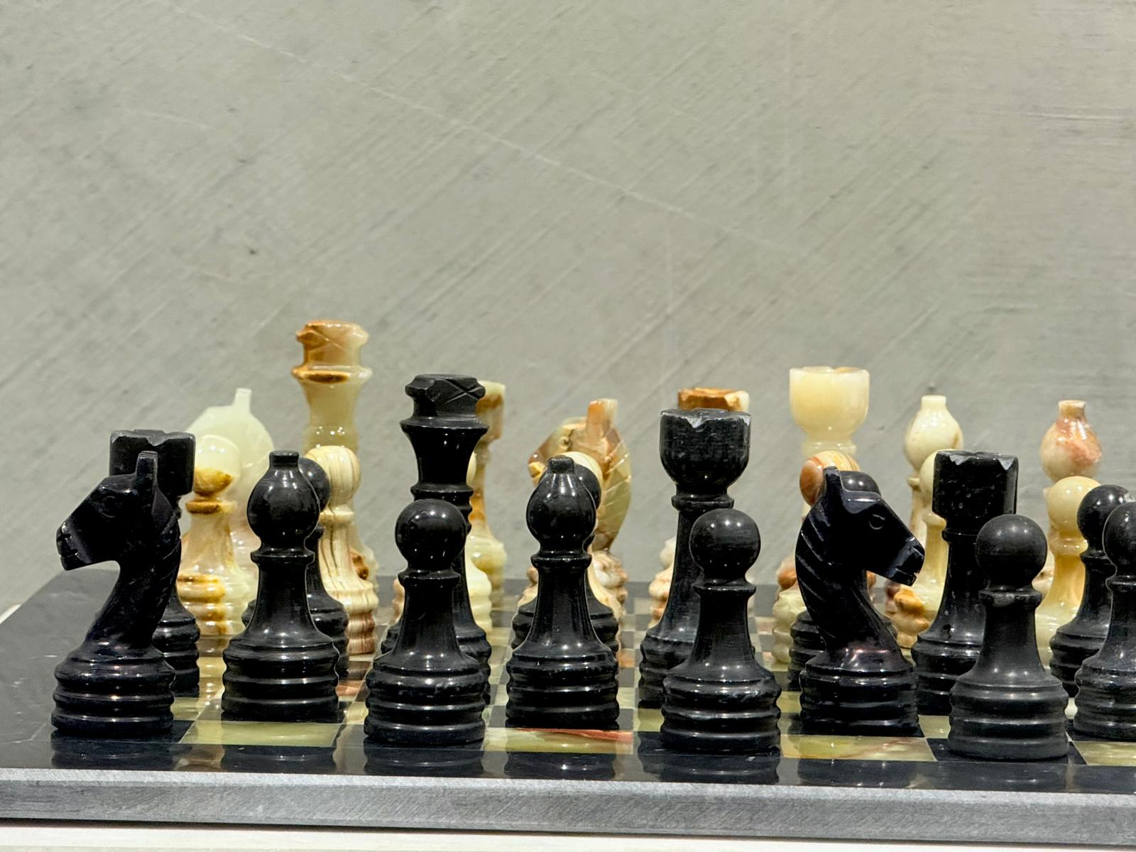 front profile of Luxury marble chess set displayed as home décor