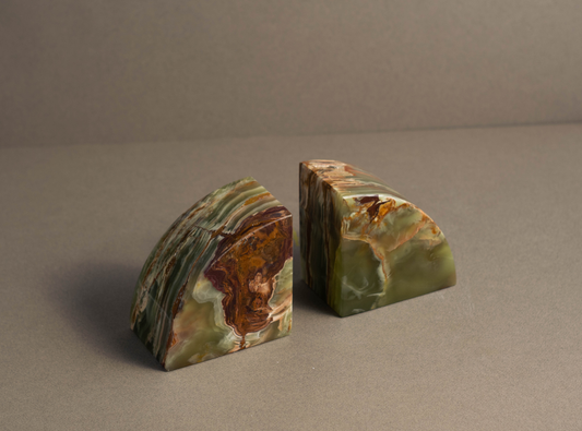 Maha Green Onyx Bookends showcasing natural green onyx veining and polished finish.