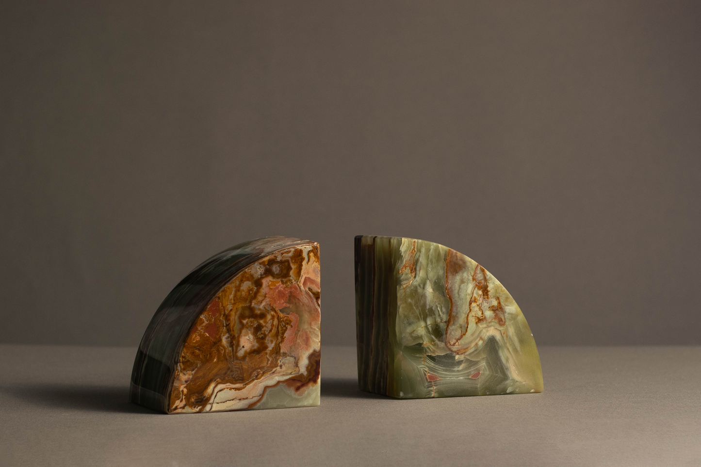 Maha Green Onyx Bookends handcrafted from solid natural green onyx for luxury bookshelf decor.