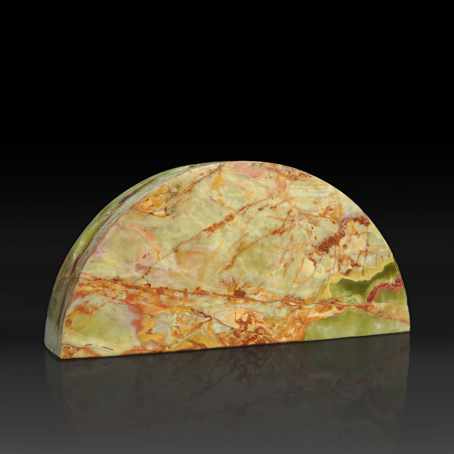 Front angle view of Maha Green Onyx Candle Holder handcrafted from natural stone.