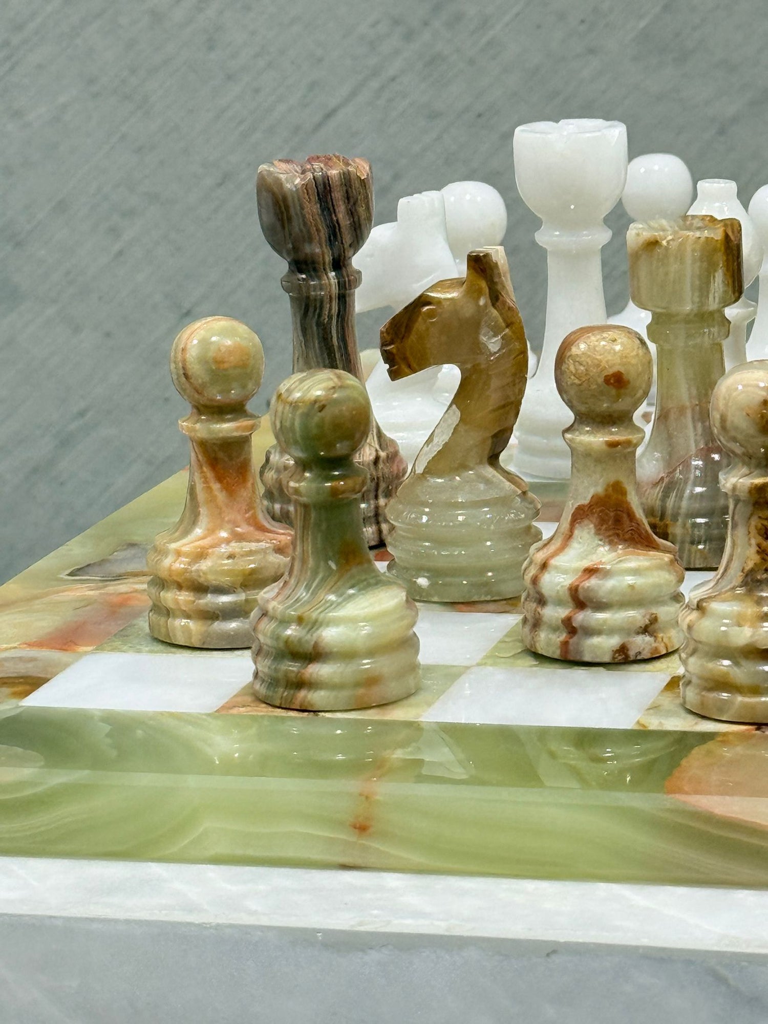 Maha Green Onyx and White Marble Chess Set with handcrafted natural stone pieces