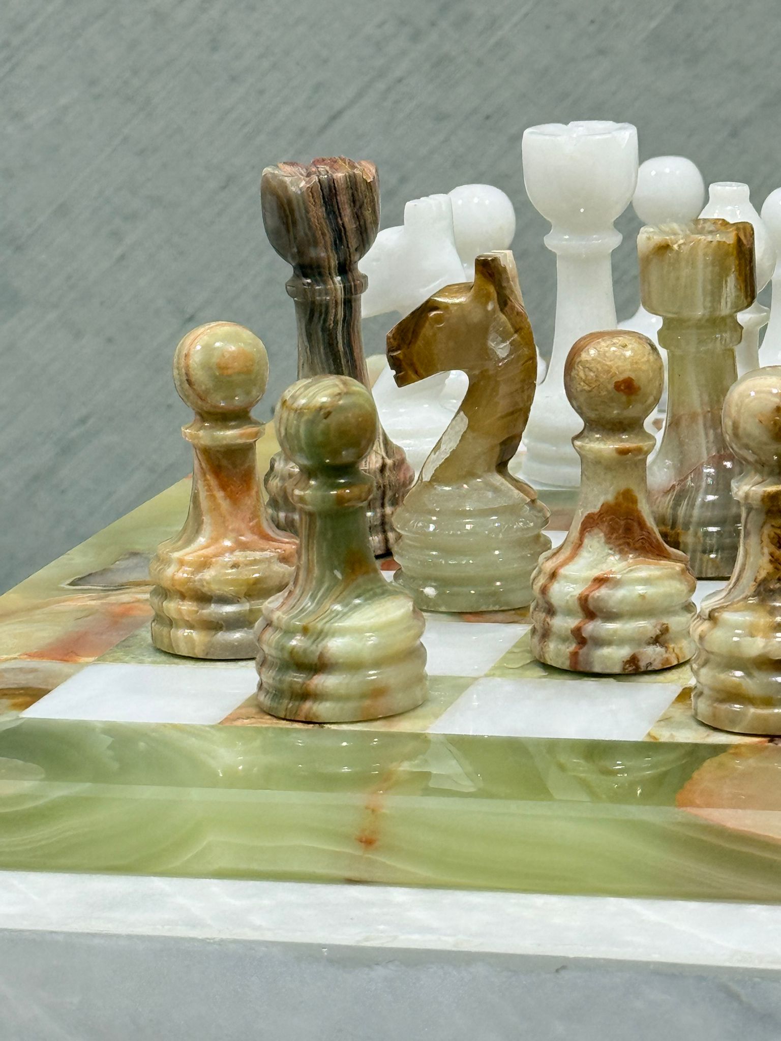Maha Green Onyx and White Marble Chess Set with handcrafted natural stone pieces