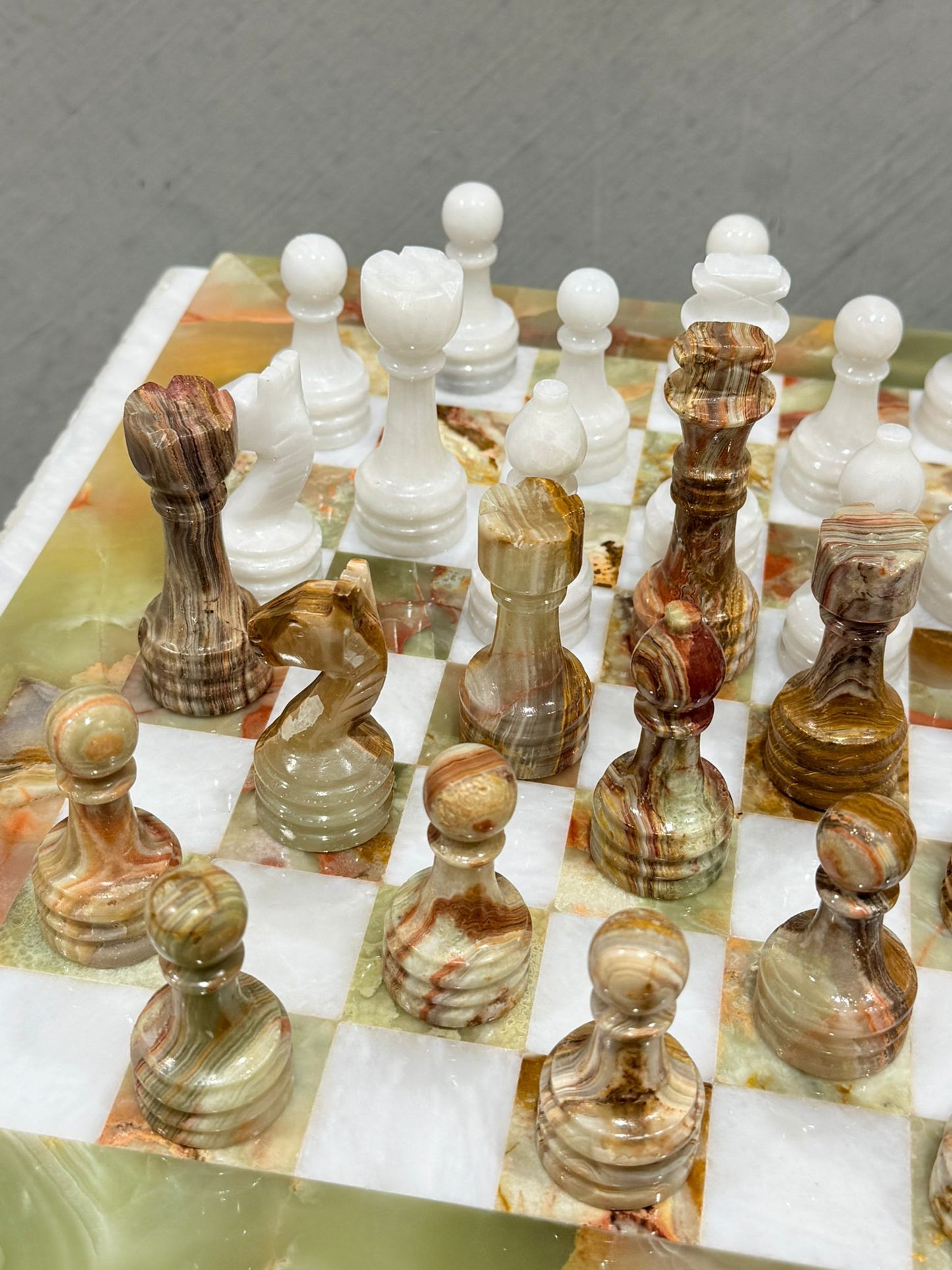Handcrafted Green Onyx and White Marble chess pieces