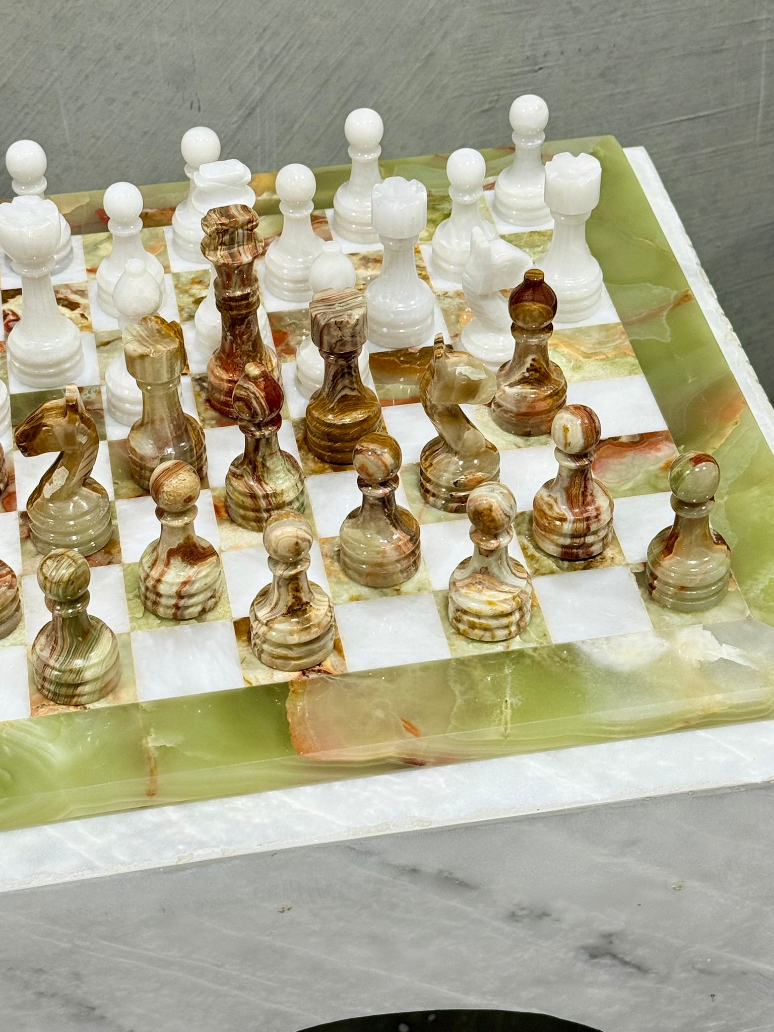 Top view of Maha Green Onyx and White Marble Chess Set