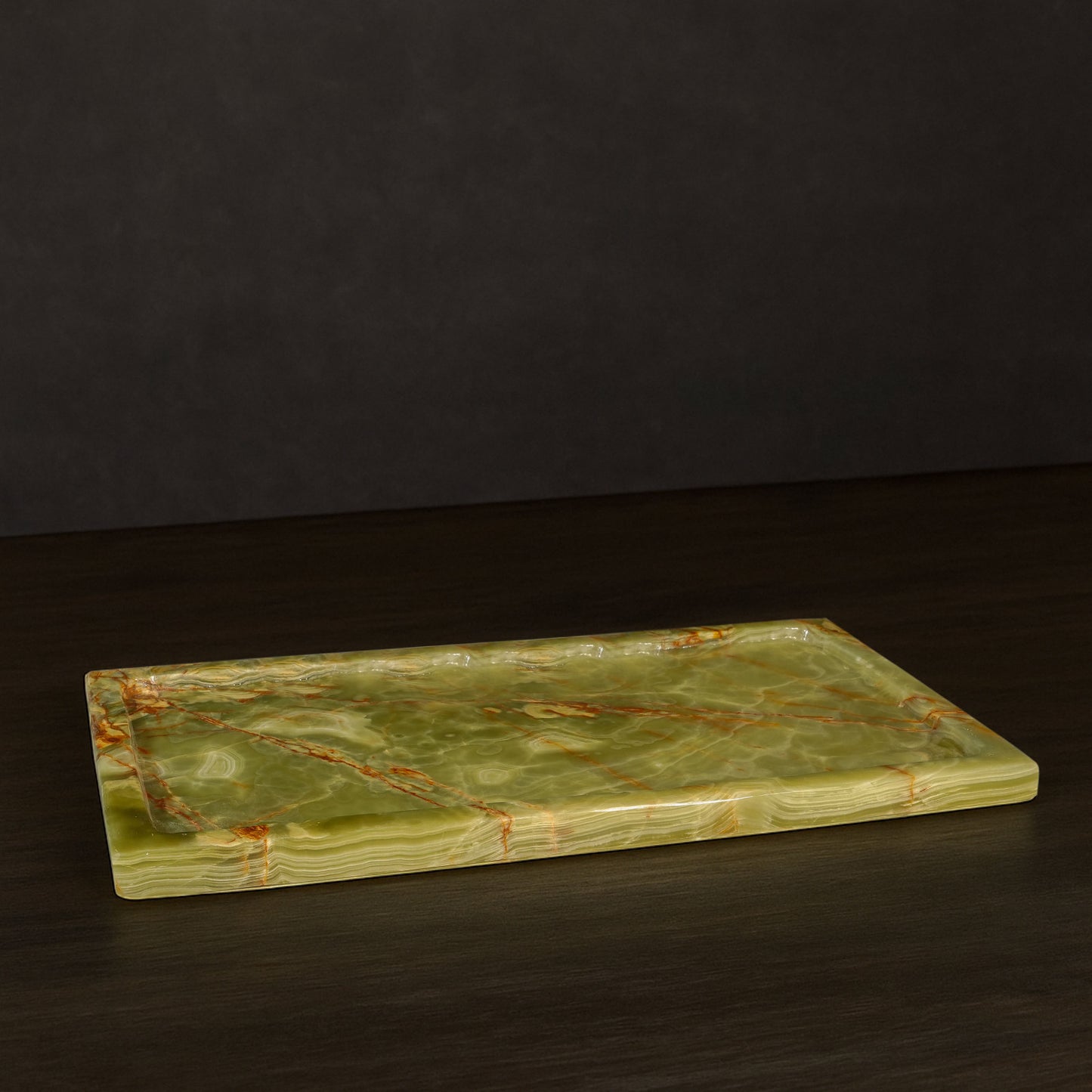 Majestic Green Onyx Tray styled on a console table in a modern interior.