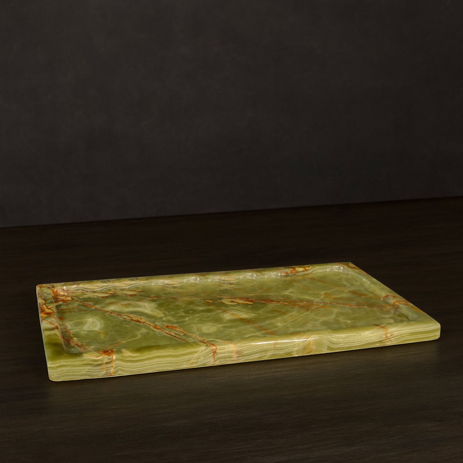 Majestic Green Onyx Tray styled on a console table in a modern interior.