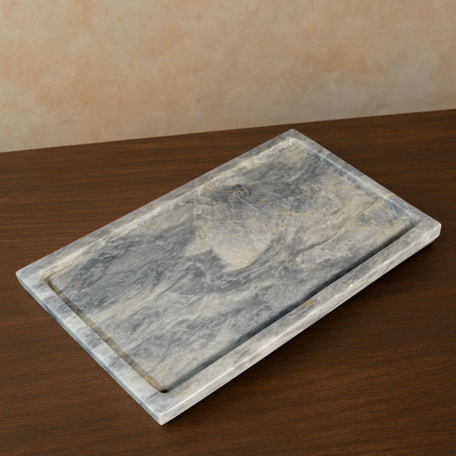 Majestic White Marble Tray styled on a wooden surface in a modern interior.