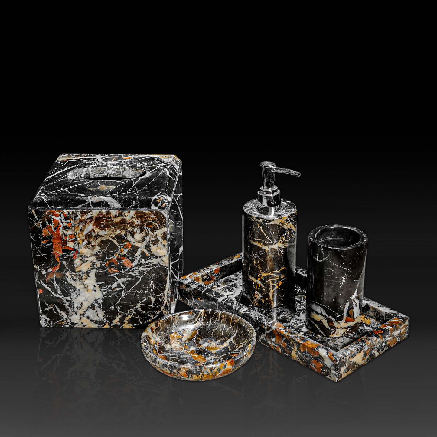 Marble Luxe Bath Set in Black and Gold Marble with tissue holder, soap dispenser, tumbler, soap dish and tray.