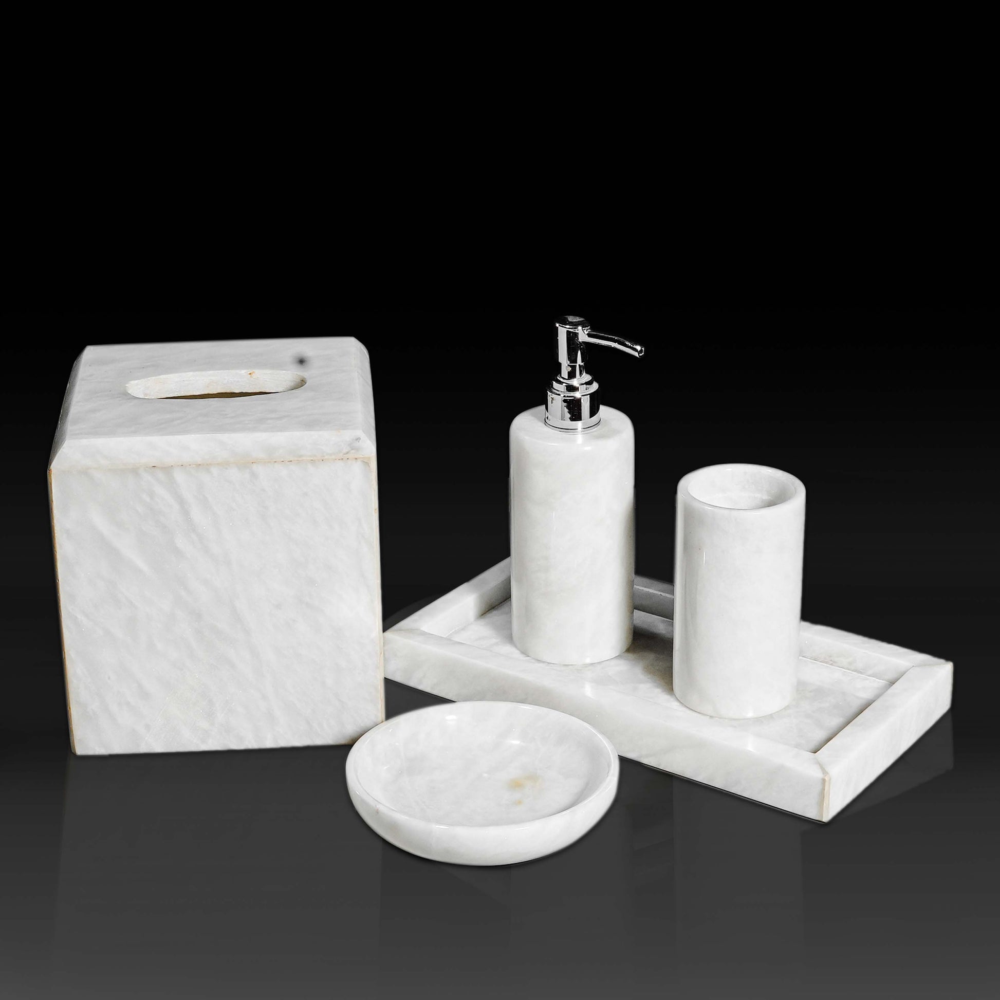 Marble Luxe Bath Set in White Marble with tissue holder, soap dispenser, tumbler, soap dish and tray.