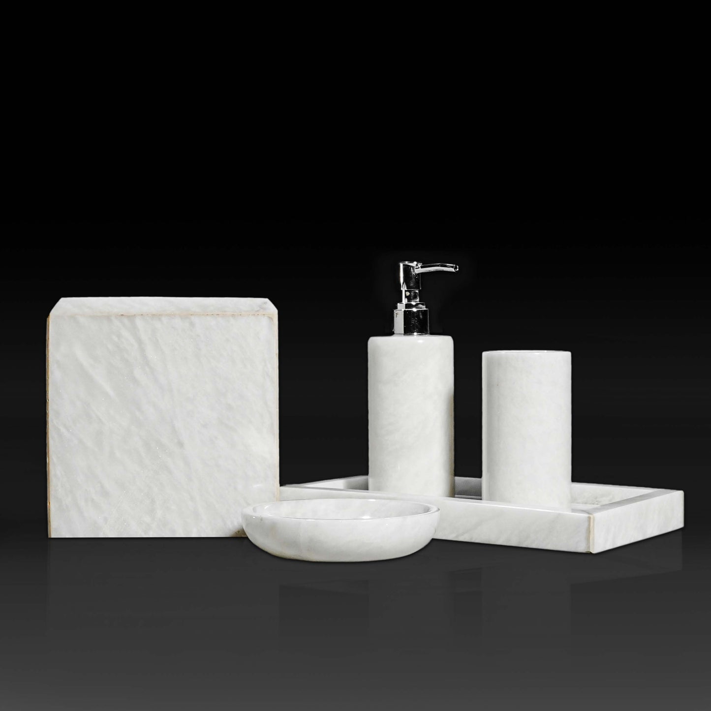 Marble Luxe Bath Set in White Marble with tissue holder, soap dispenser, tumbler, soap dish and tray
