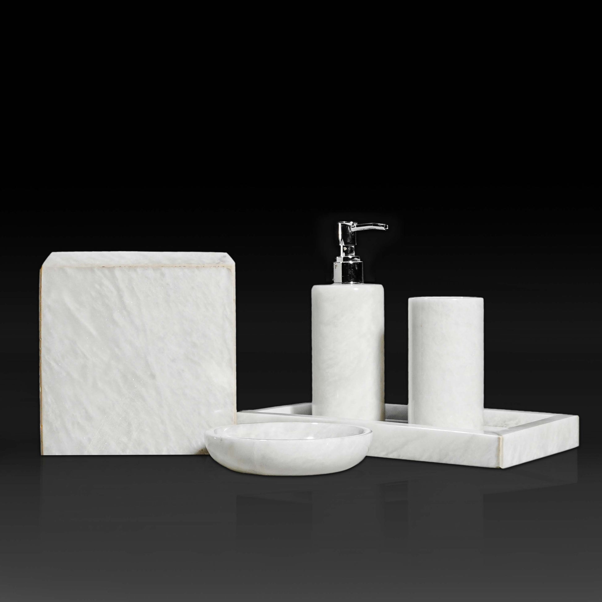 Marble Luxe Bath Set in White Marble with tissue holder, soap dispenser, tumbler, soap dish and tray