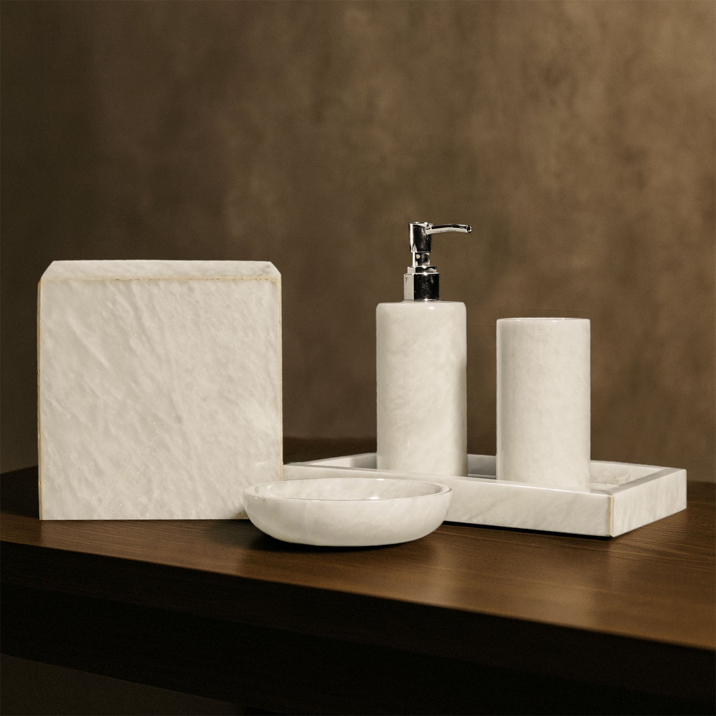 Marble Luxe Bath Set in White Marble styled in a modern luxury bathroom.