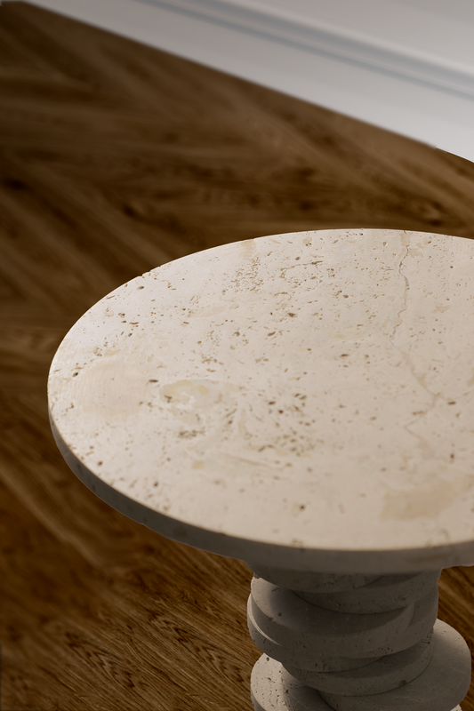 Close-up of the Mosaic Travertine Side Table highlighting the honed natural travertine surface and handcrafted stone texture.