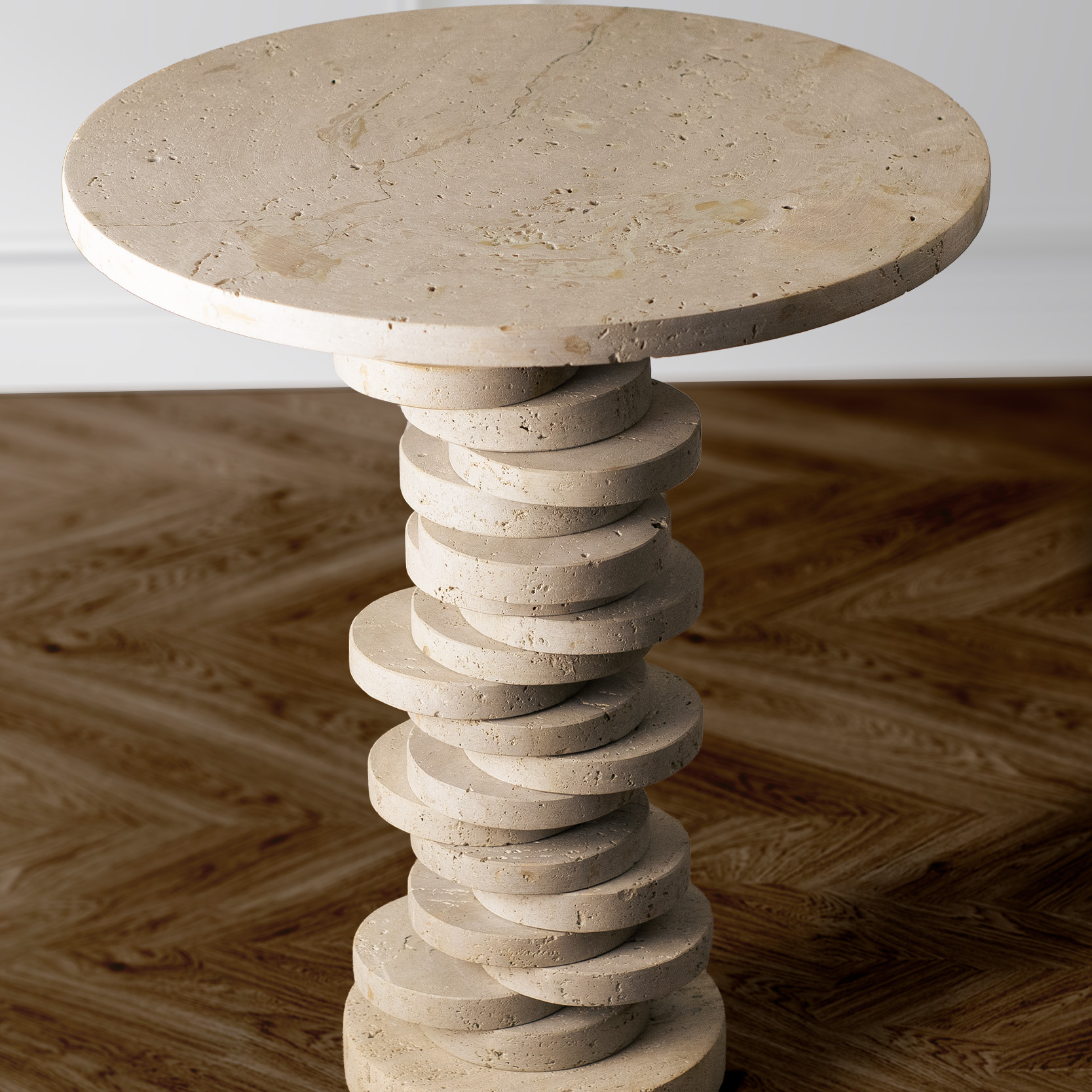 Handcrafted Mosaic Travertine Side Table with a sculptural stacked pedestal base and round natural stone top.