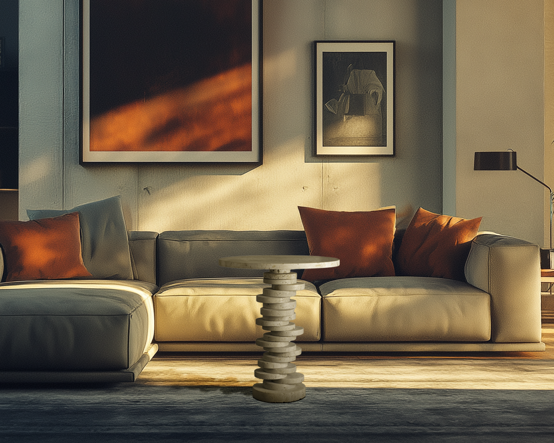 Mosaic Travertine Side Table styled in a contemporary living room, showcasing handcrafted natural stone furniture.