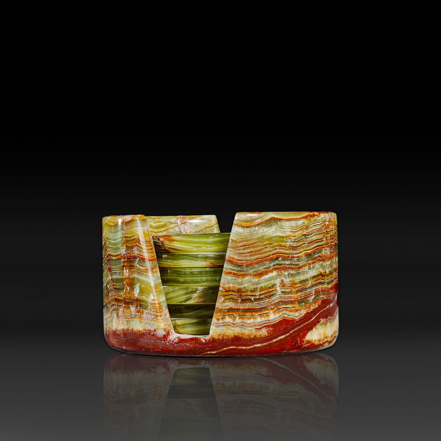 Front view of Murmor Green Onyx natural stone coaster holder with matching coasters.