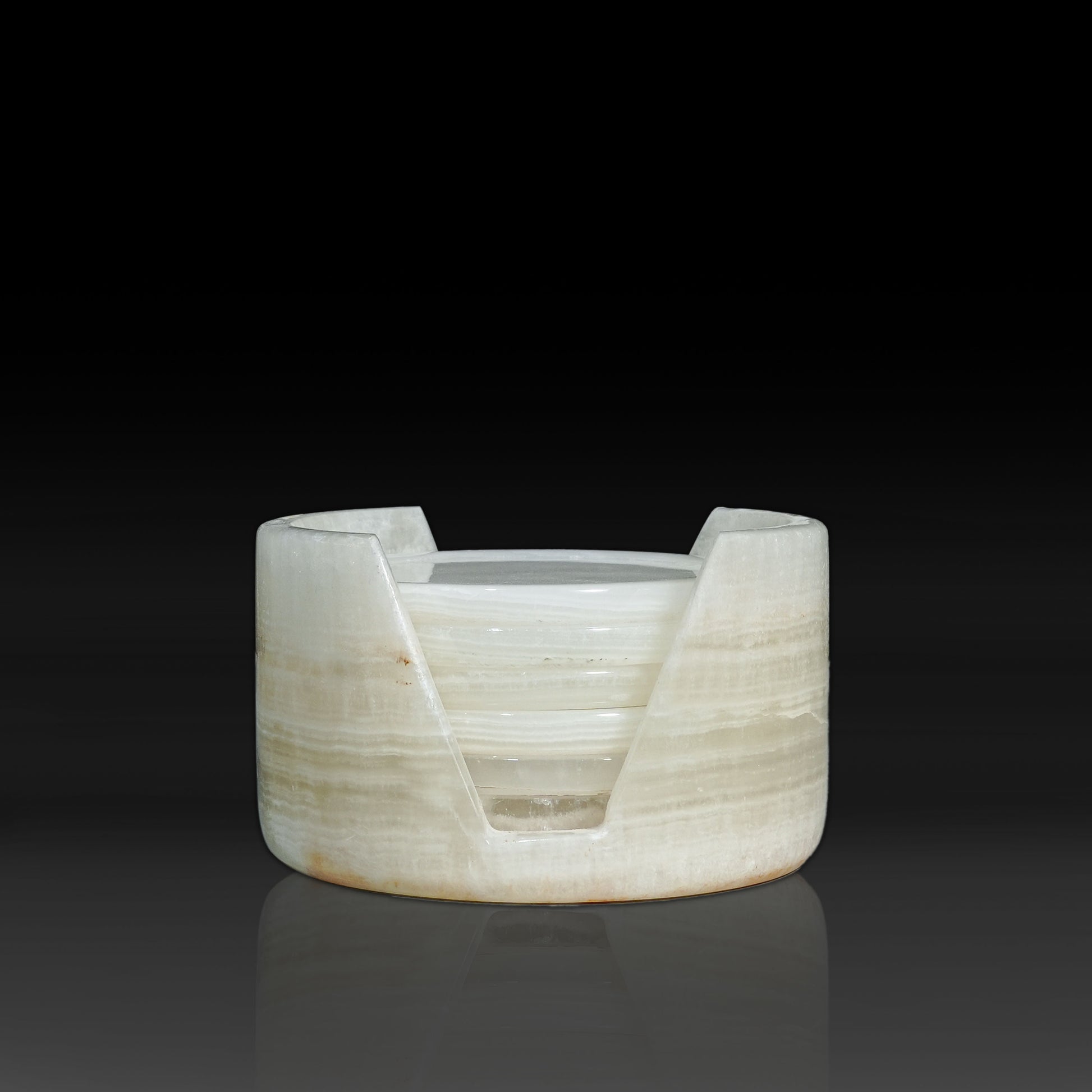 Front view of Murmor White Onyx natural stone coaster holder with matching coasters.