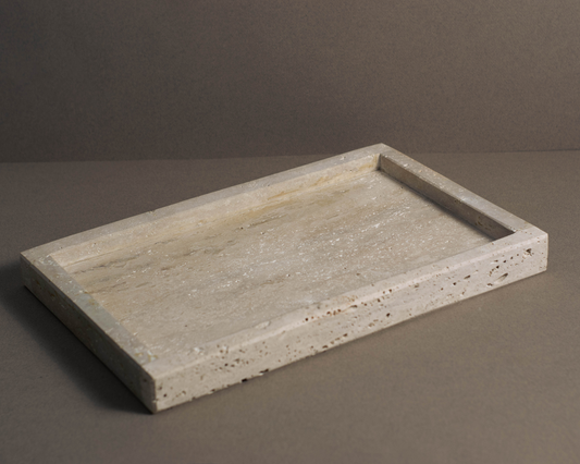 Oblong Travertine Tray handcrafted from natural travertine with a clean architectural design.
