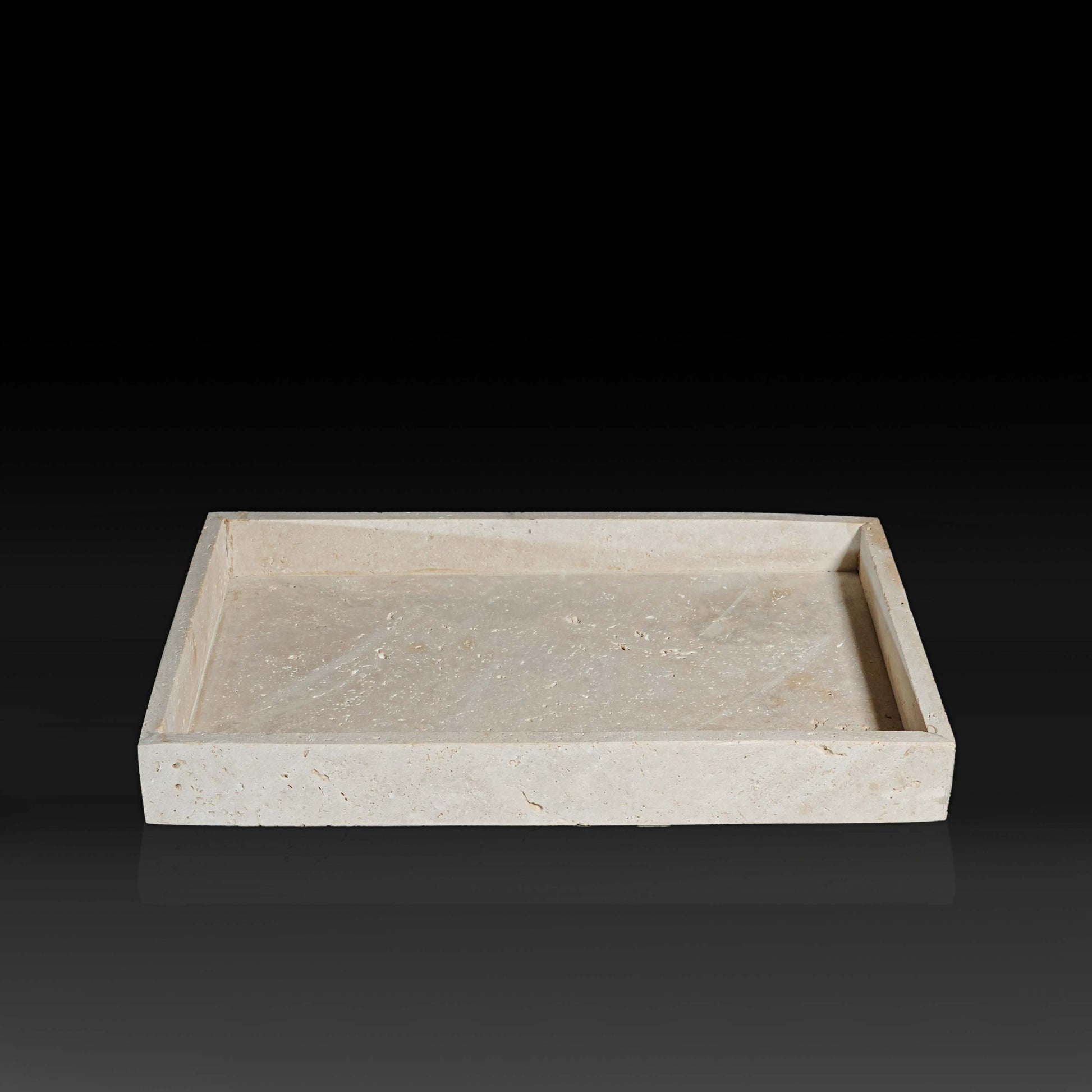 Oblong Travertine Tray with thin edge handcrafted from natural travertine front view