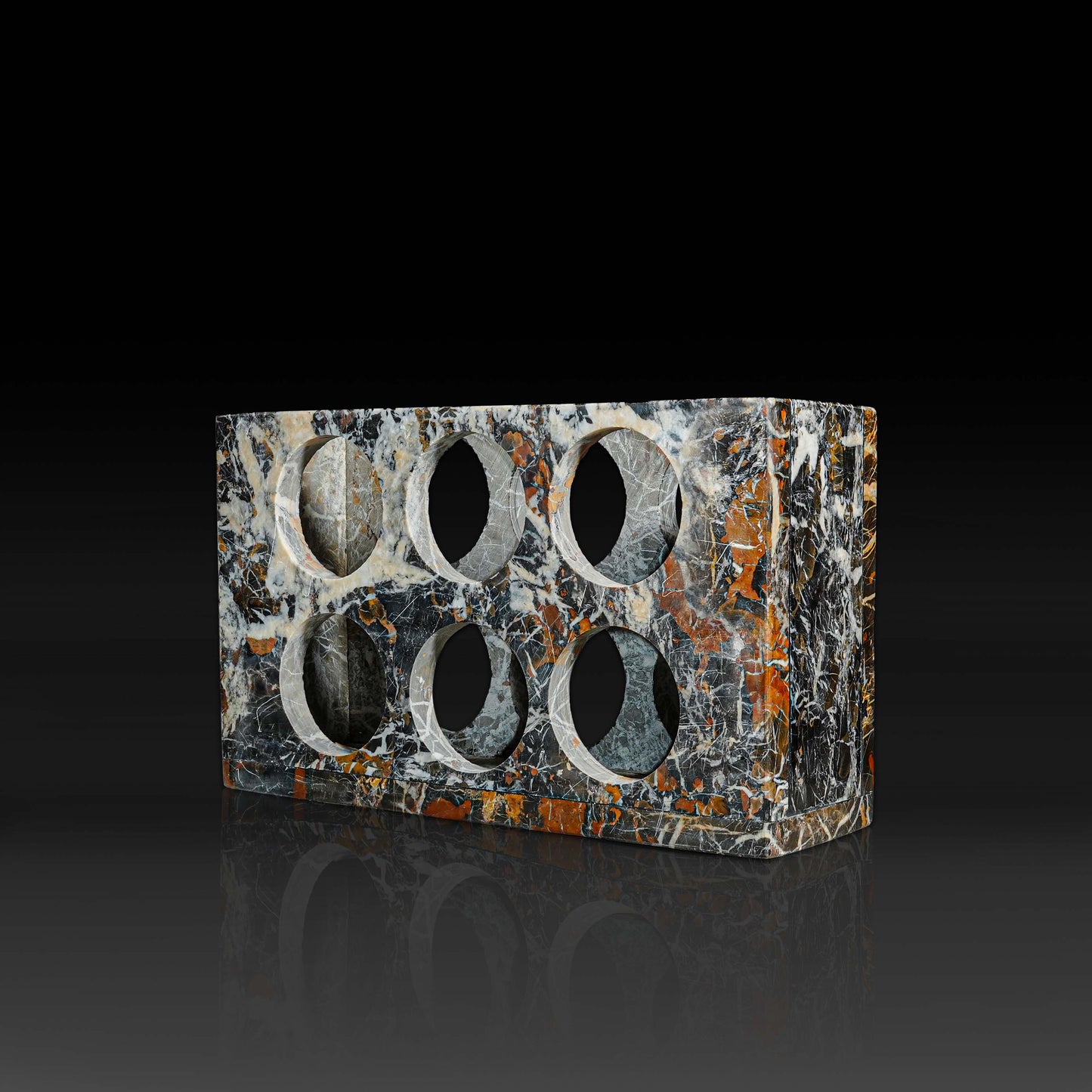 Side view of Quadrant Black and Gold Marble wine rack showcasing natural marble veining.