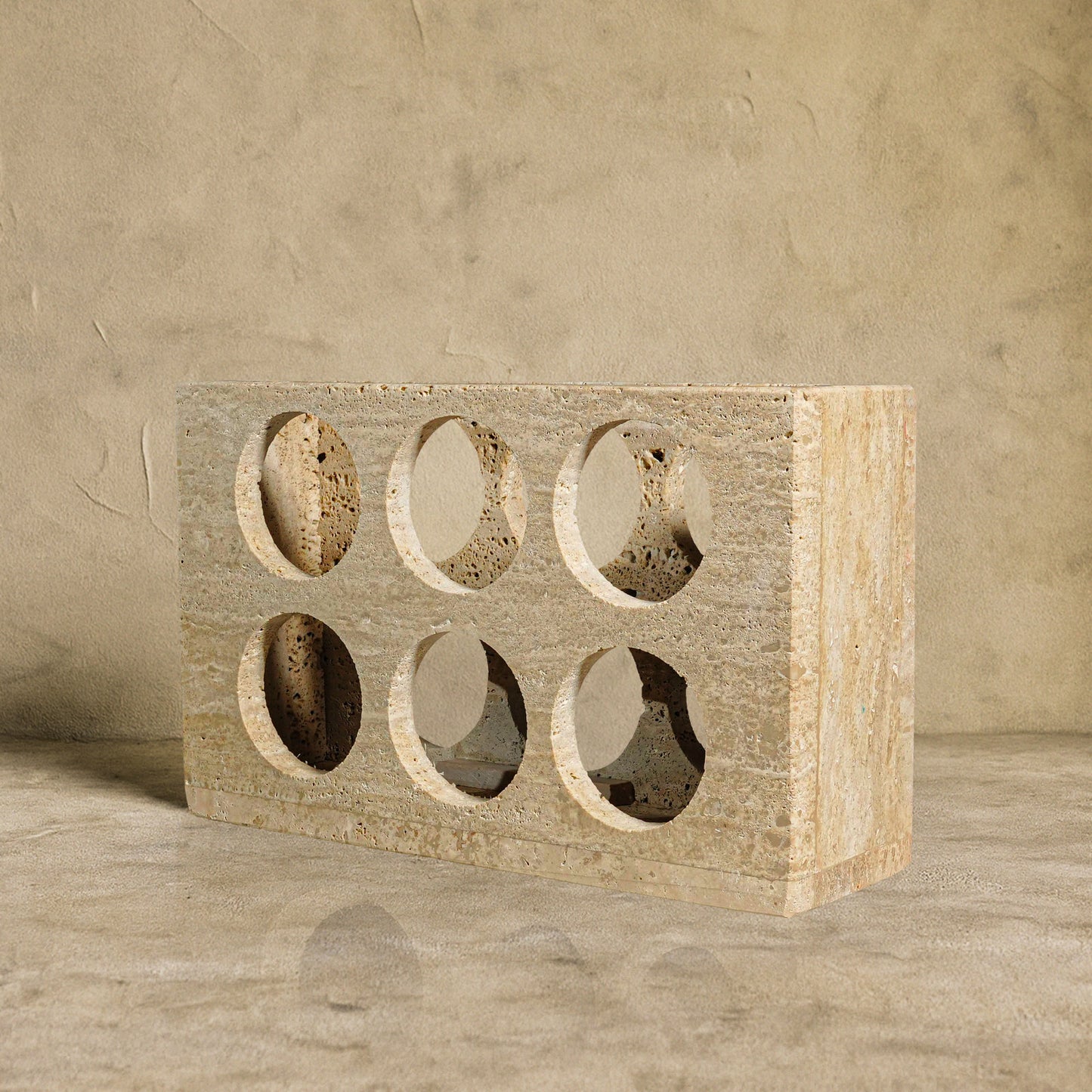 Quadrant Travertine Wine Rack front angle view handcrafted natural stone 6 bottle wine rack.