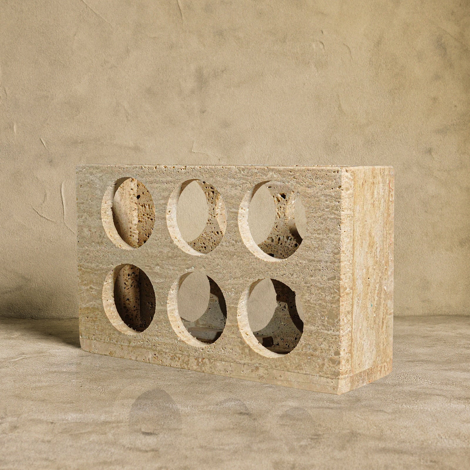 Quadrant Travertine Wine Rack front angle view handcrafted natural stone 6 bottle wine rack.