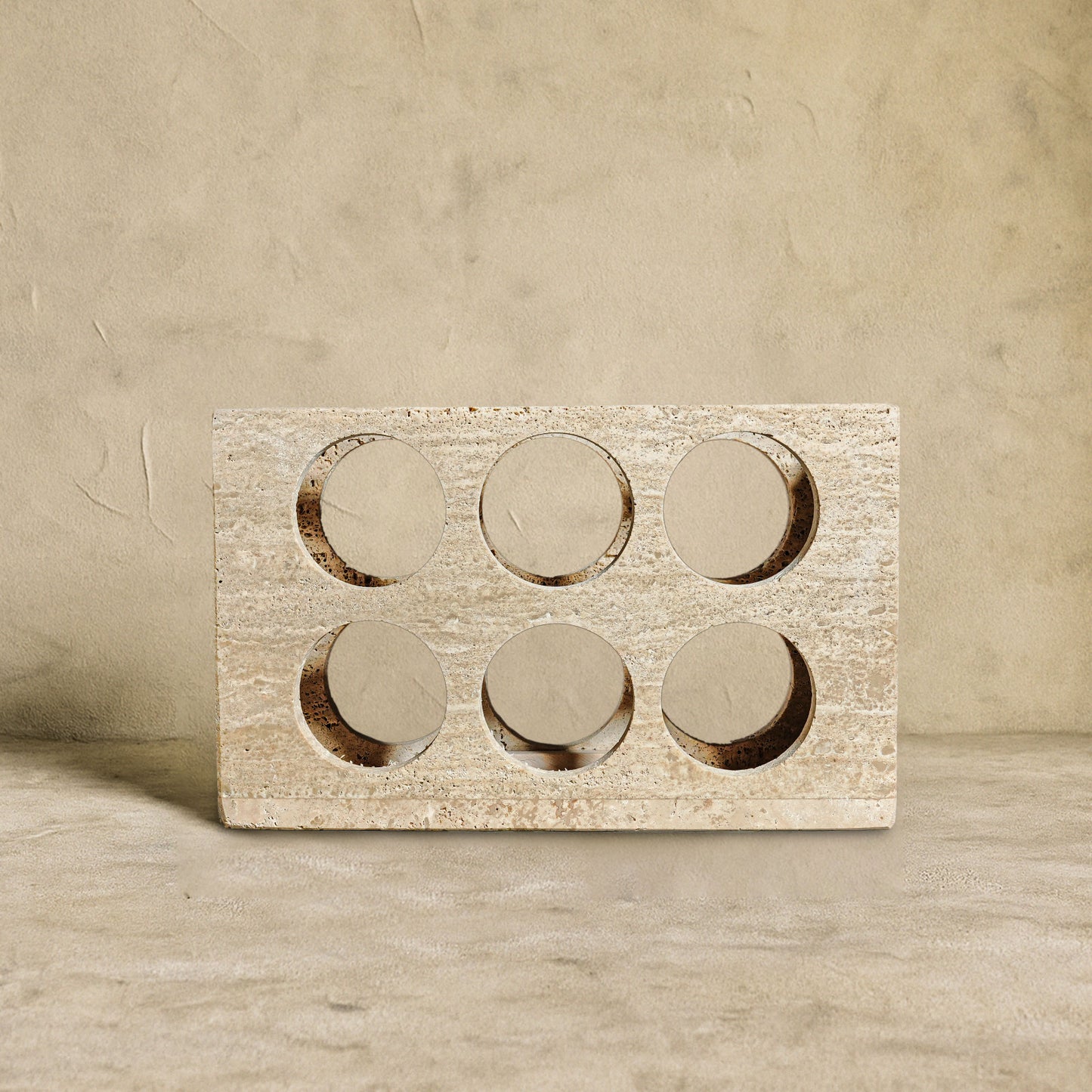 Quadrant Travertine Wine Rack front view handcrafted natural stone 6 bottle wine rack.