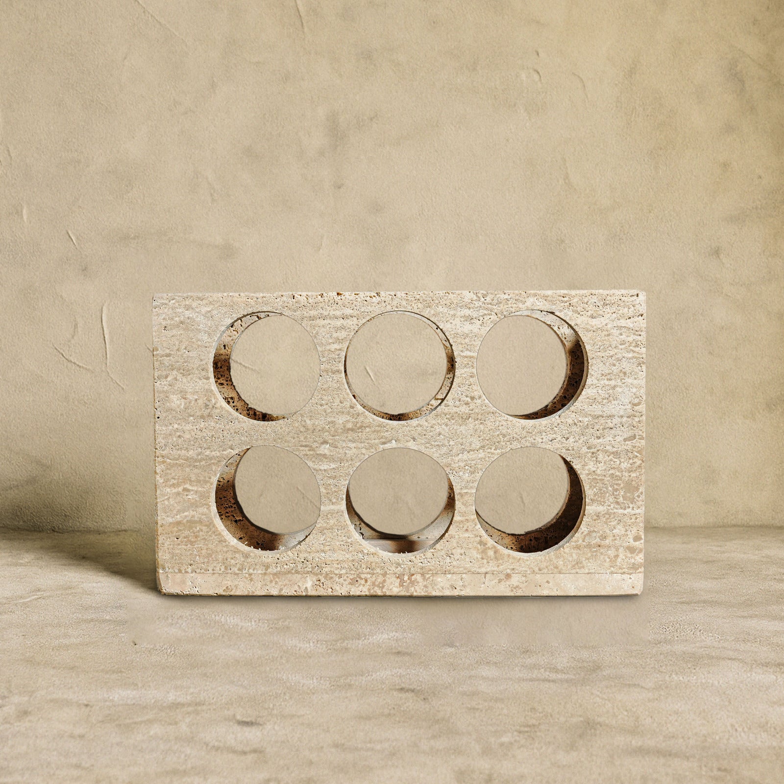 Quadrant Travertine Wine Rack front view handcrafted natural stone 6 bottle wine rack.