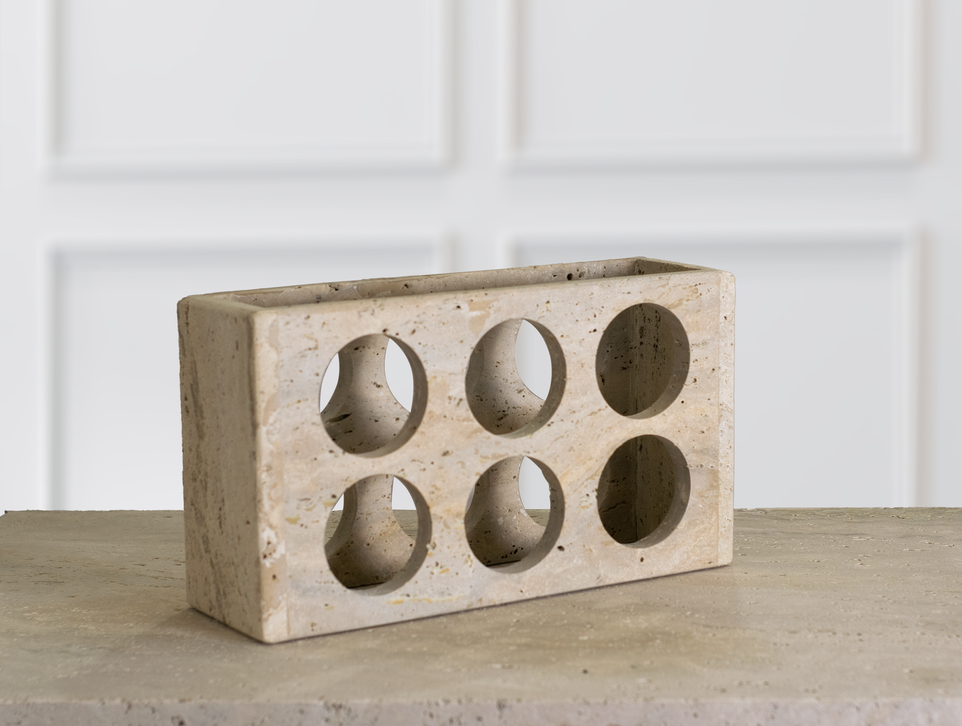 Quadrant Travertine Wine Rack front view handcrafted natural stone 6 bottle wine rack