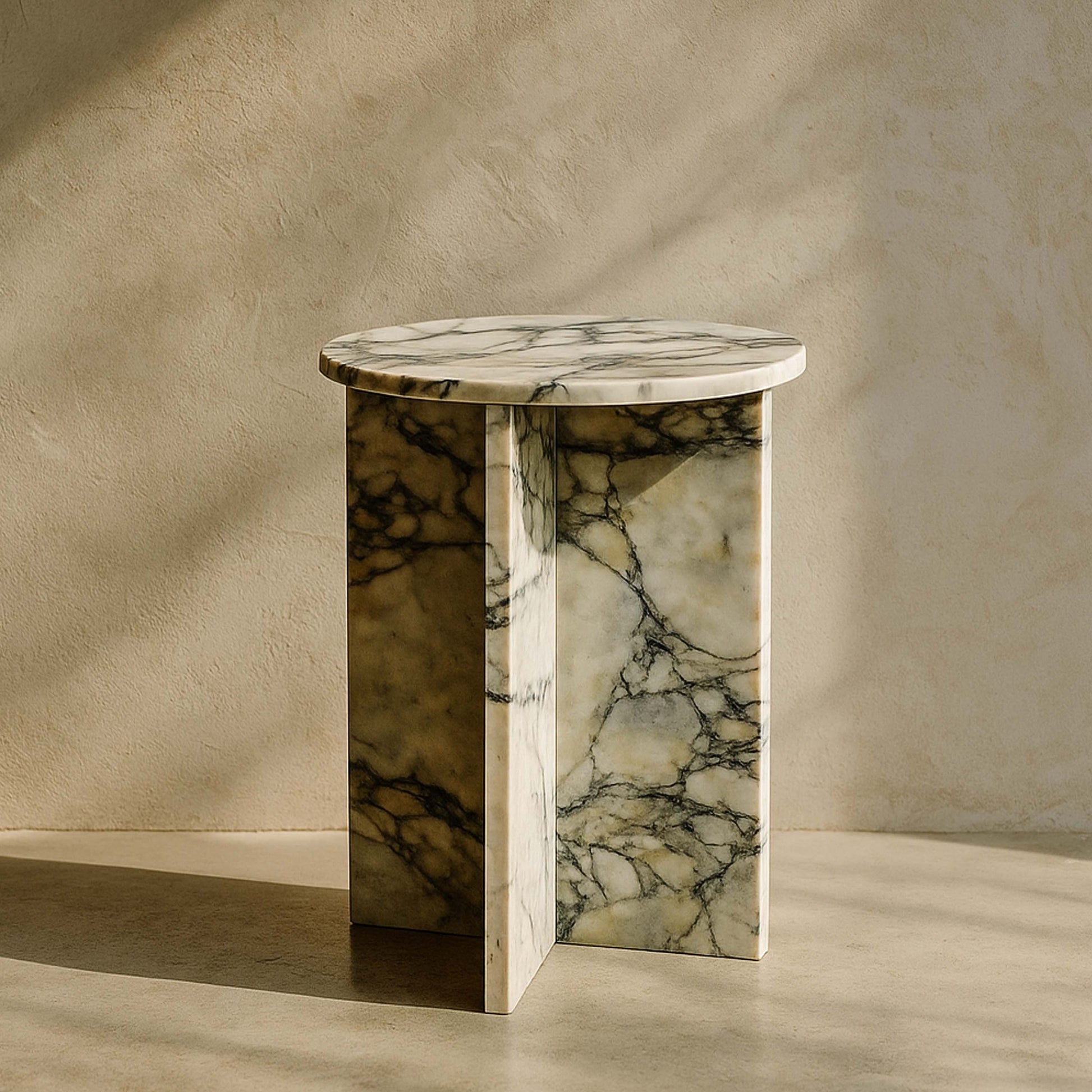 Round Cross Marble Side Table Arabescato Viola front view