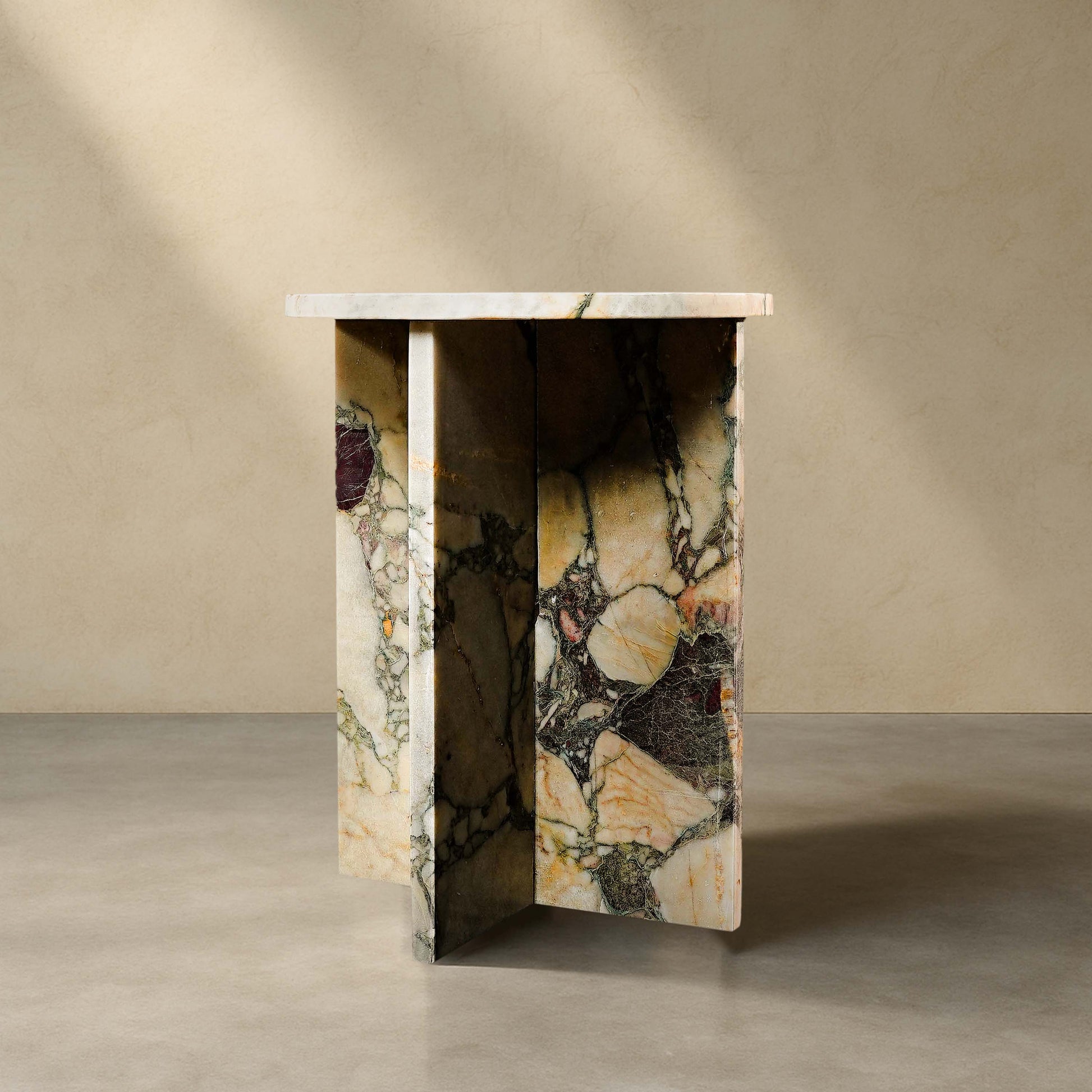 Round Cross Marble Side Table Breccia Capraia front view