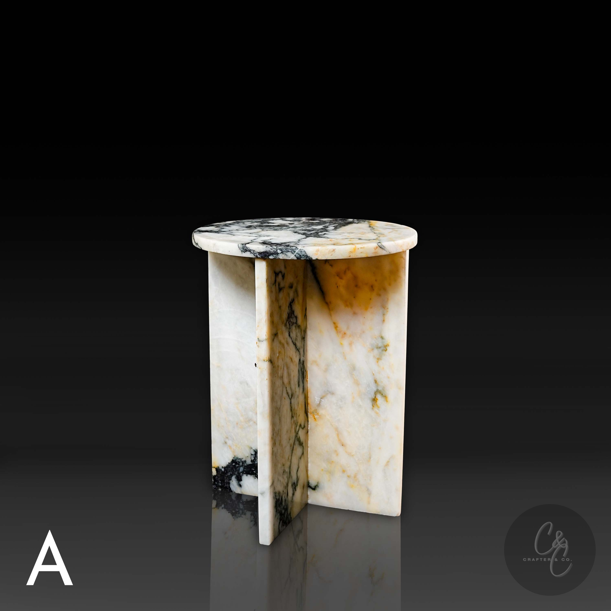 Round Cross Marble Side Table Calacatta Monet angle view