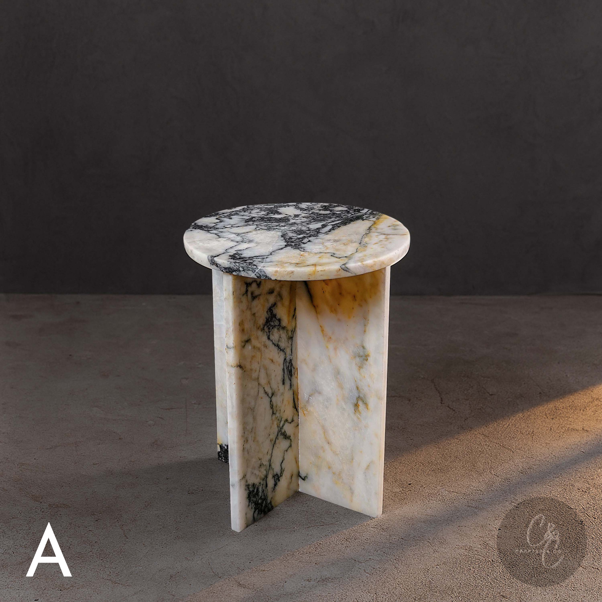 Round Cross Marble Side Table Calacatta Monet front view