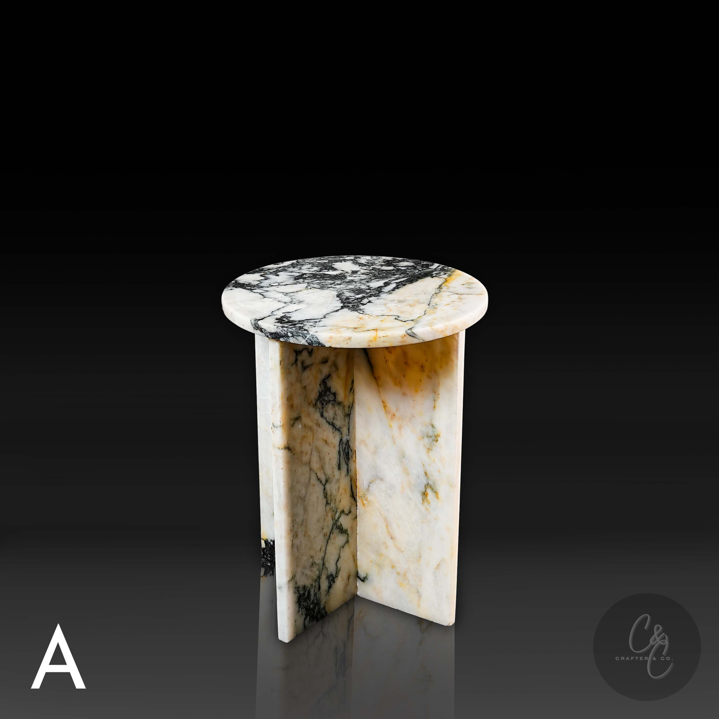 Round Cross Marble Side Table Calacatta Monet side view
