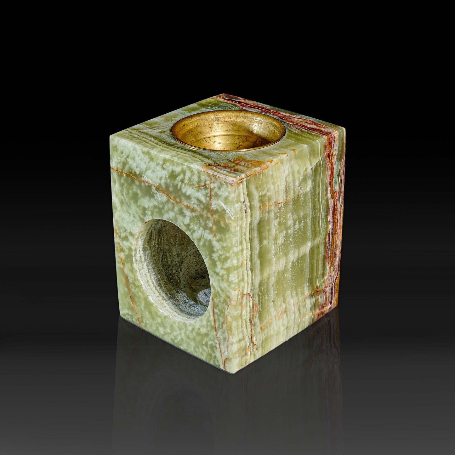Serene Green Onyx oil burner in front angle view with polished brass tealight holder.