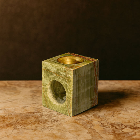 Serene Green Onyx oil burner handcrafted from natural polished onyx displayed on a stone surface.