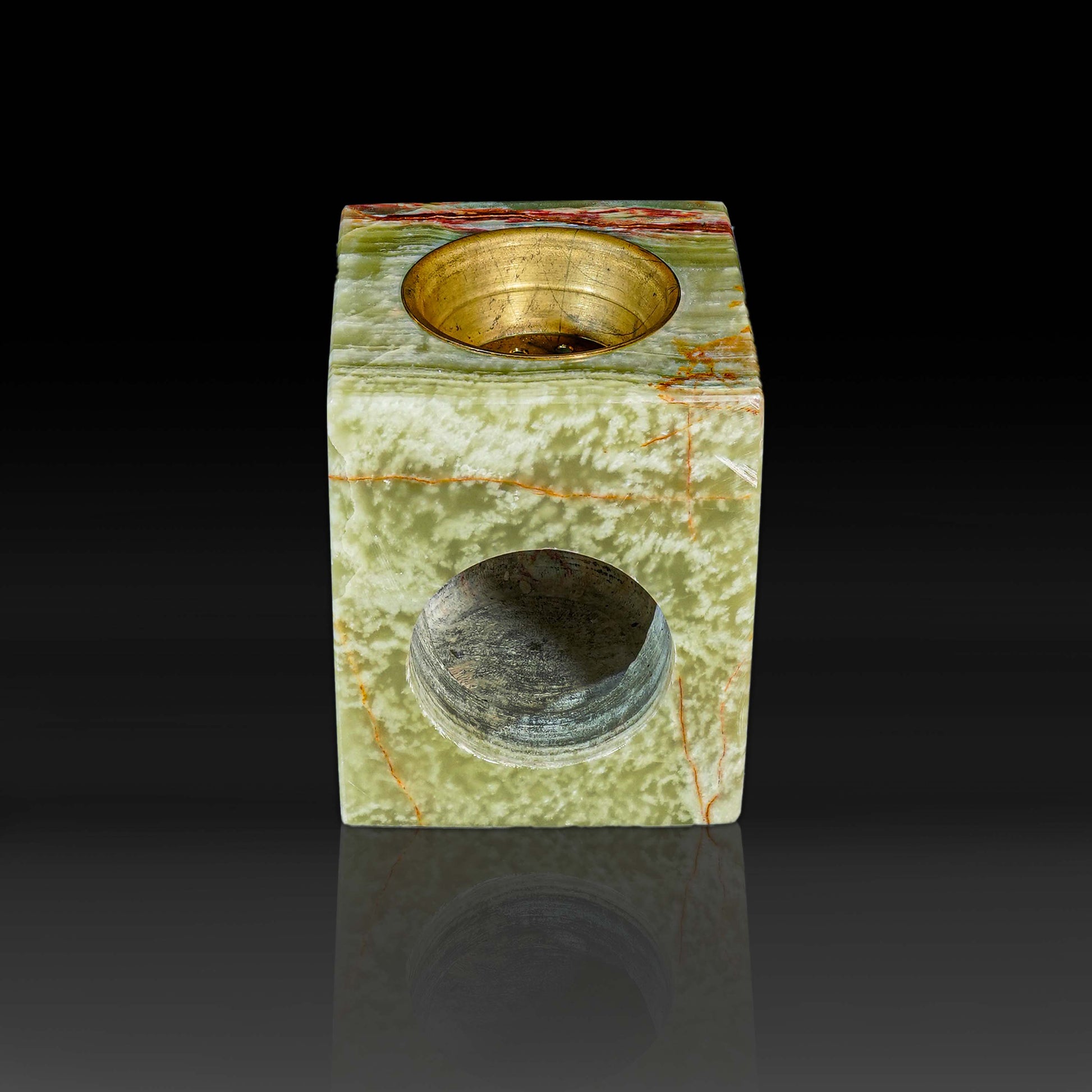Front view of Serene Green Onyx oil burner crafted from natural polished onyx.