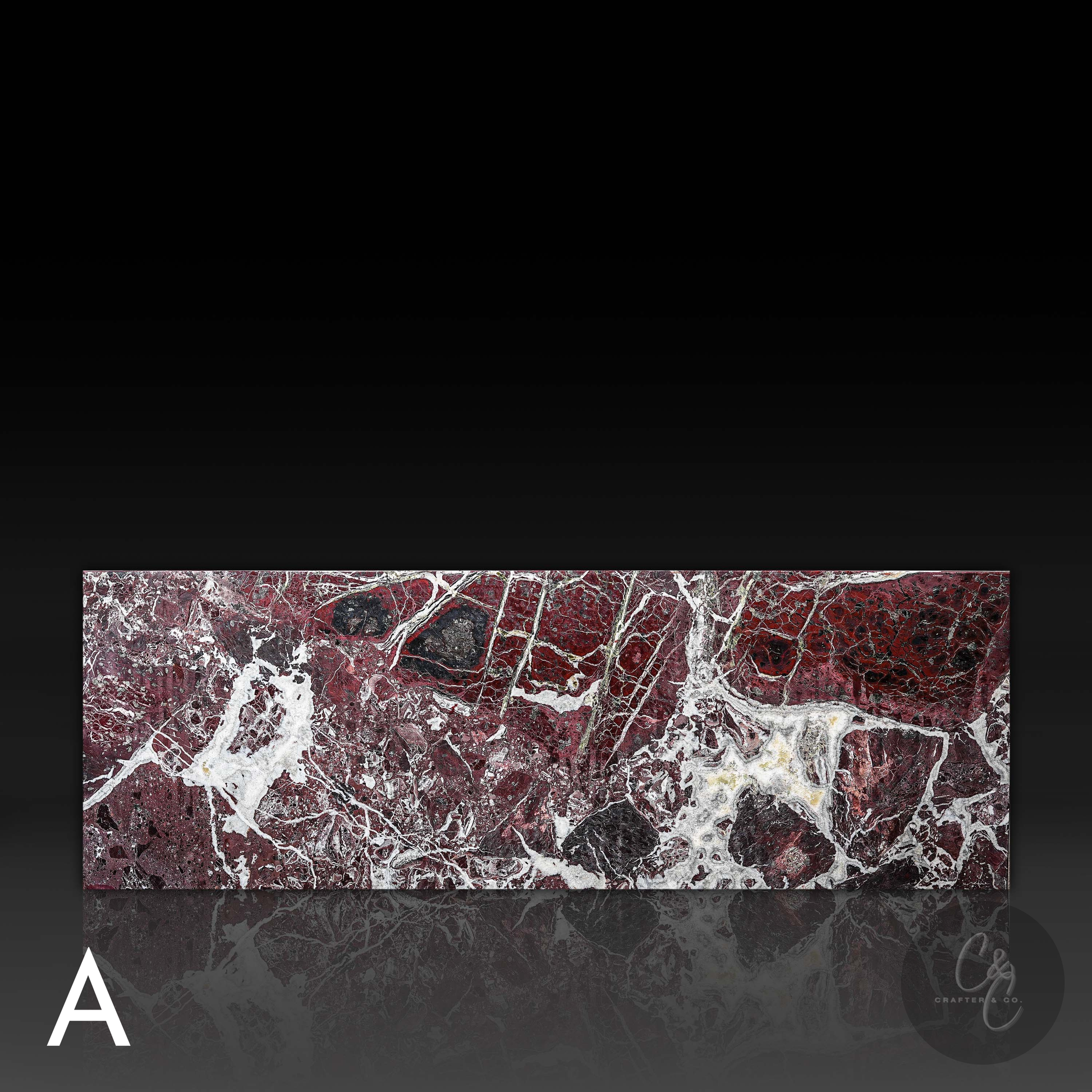 Back profile of Small Block Rosso Levanto Marble Coffee Table showcasing natural Rosso Levanto marble with rich burgundy tones and white veining
