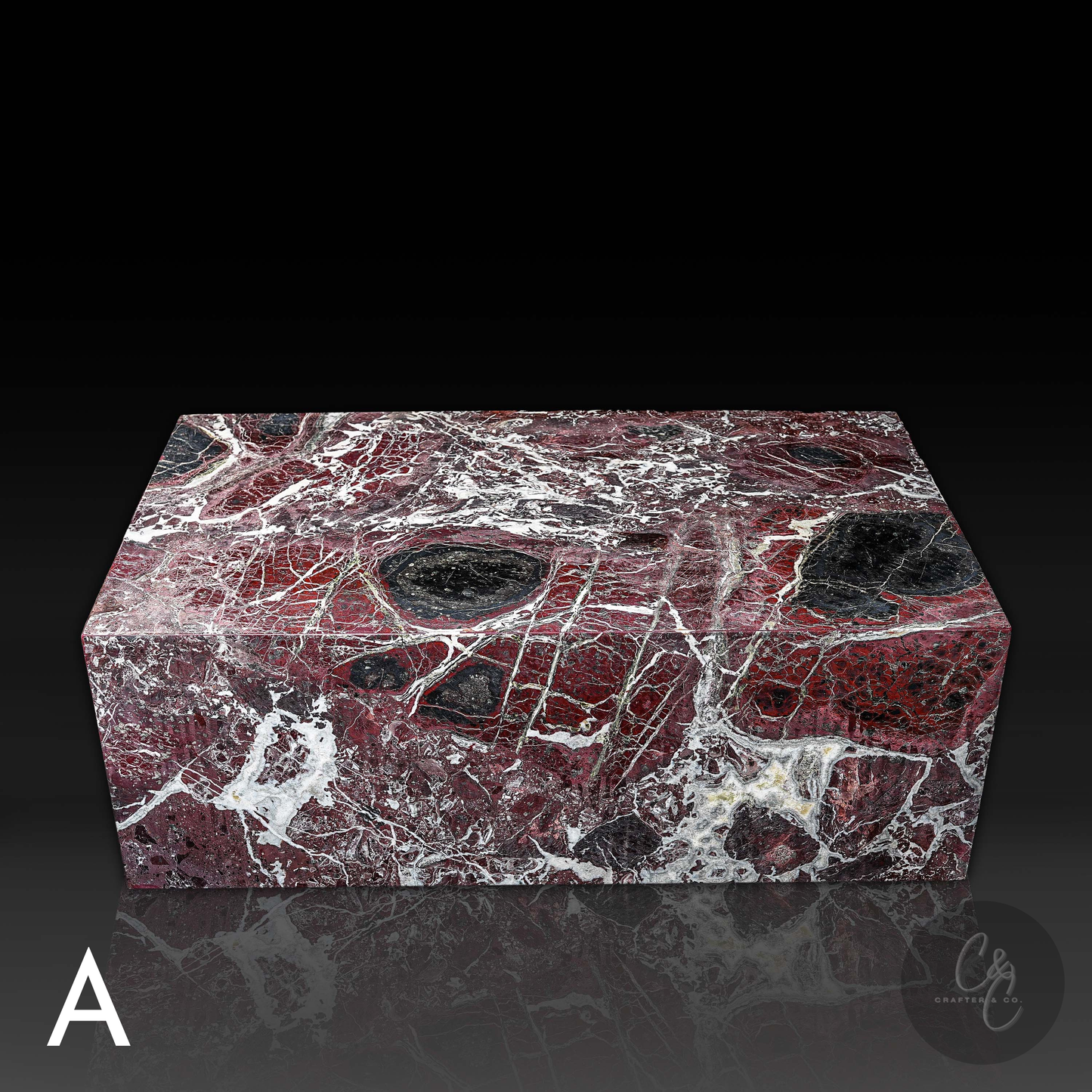 Front profile view of Small Block Rosso Levanto Marble Coffee Table with deep burgundy marble and striking white veining