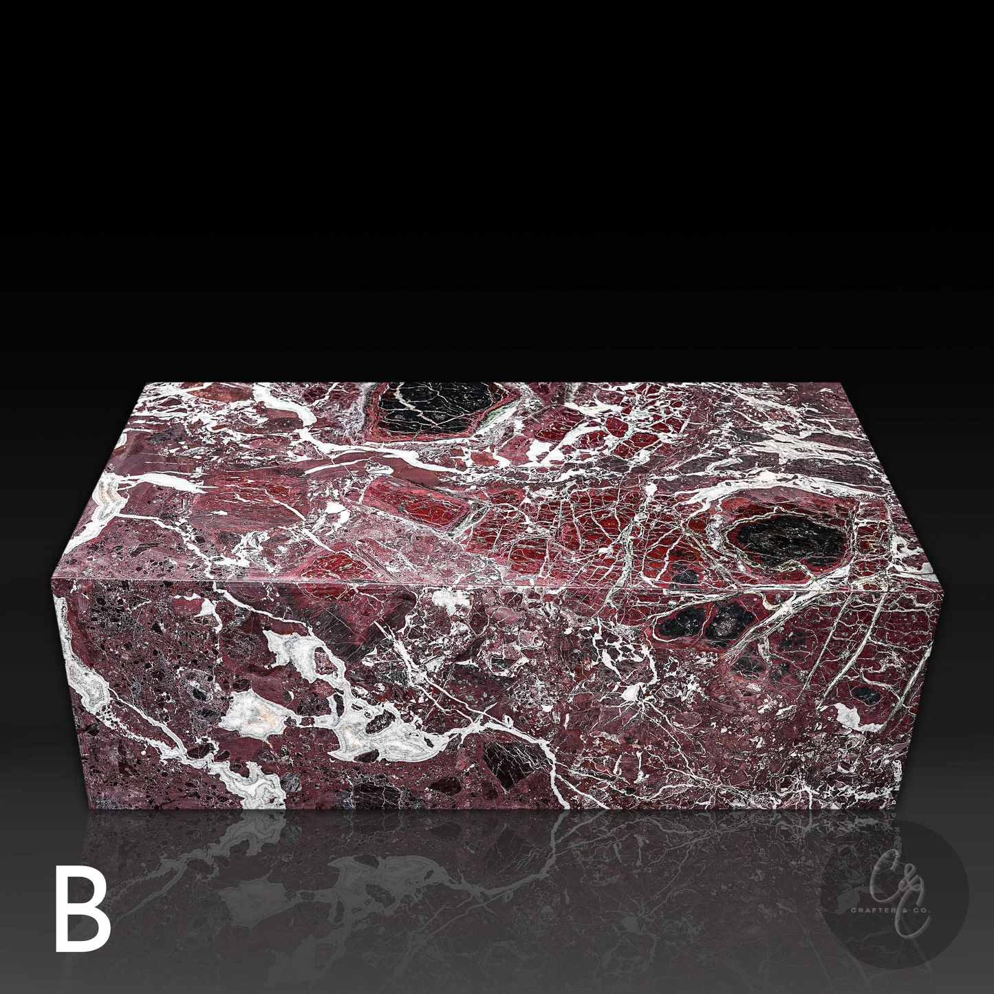 Front profile view of Small Block Rosso Levanto Marble Coffee Table Variant B featuring rich burgundy marble with bold white veining