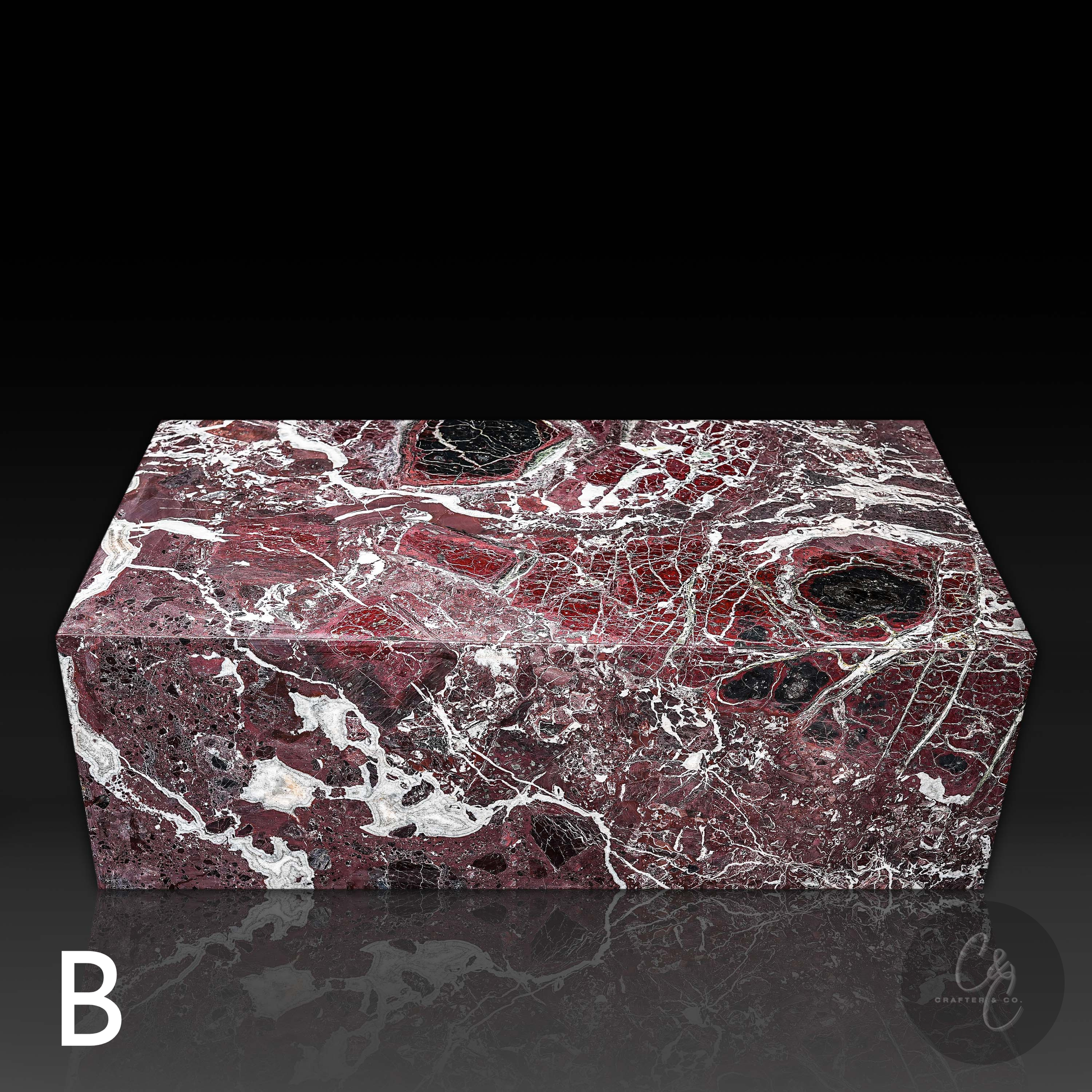 Front profile view of Small Block Rosso Levanto Marble Coffee Table Variant B featuring rich burgundy marble with bold white veining
