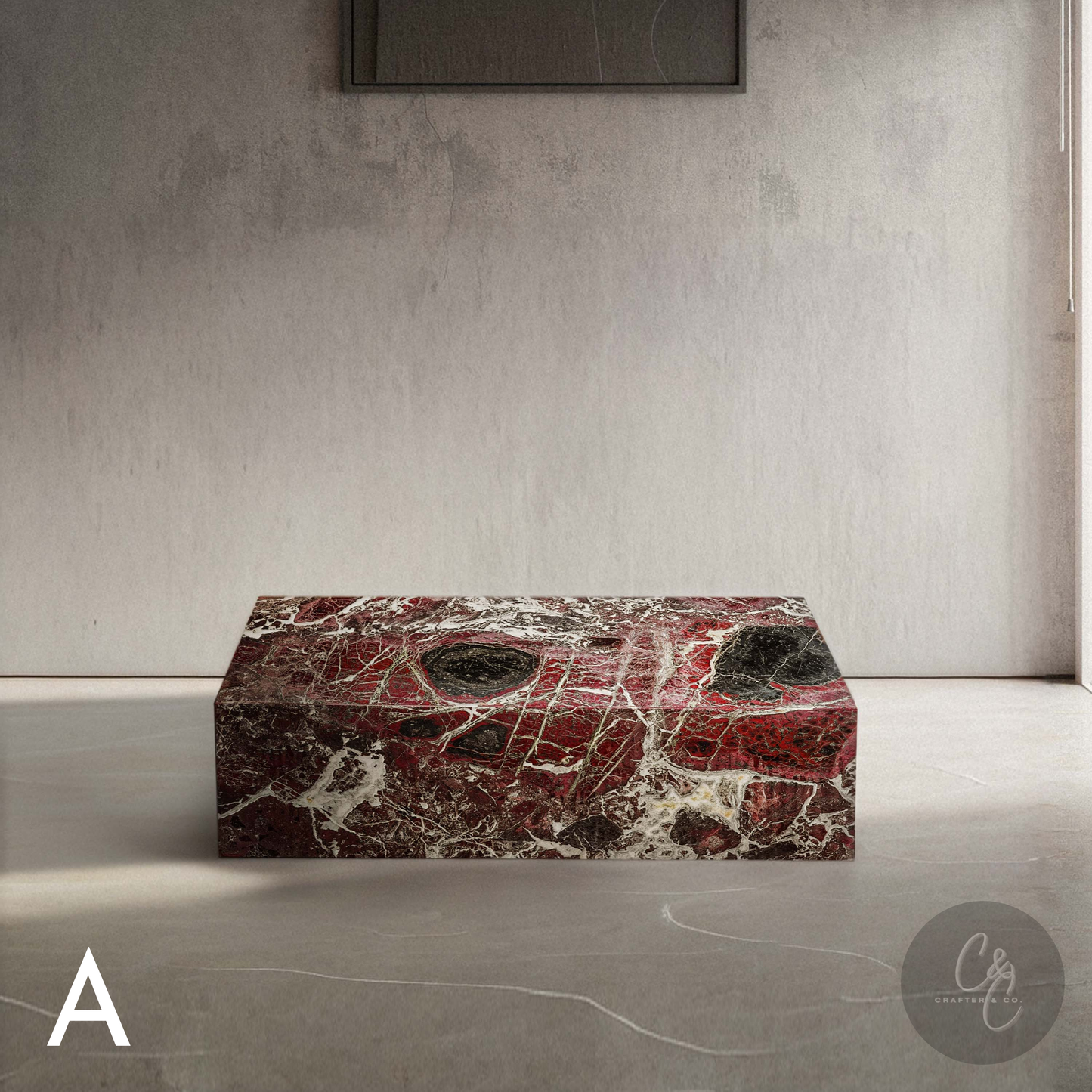 Front view of Small Block Rosso Levanto Marble Coffee Table featuring deep burgundy marble with dramatic white veining