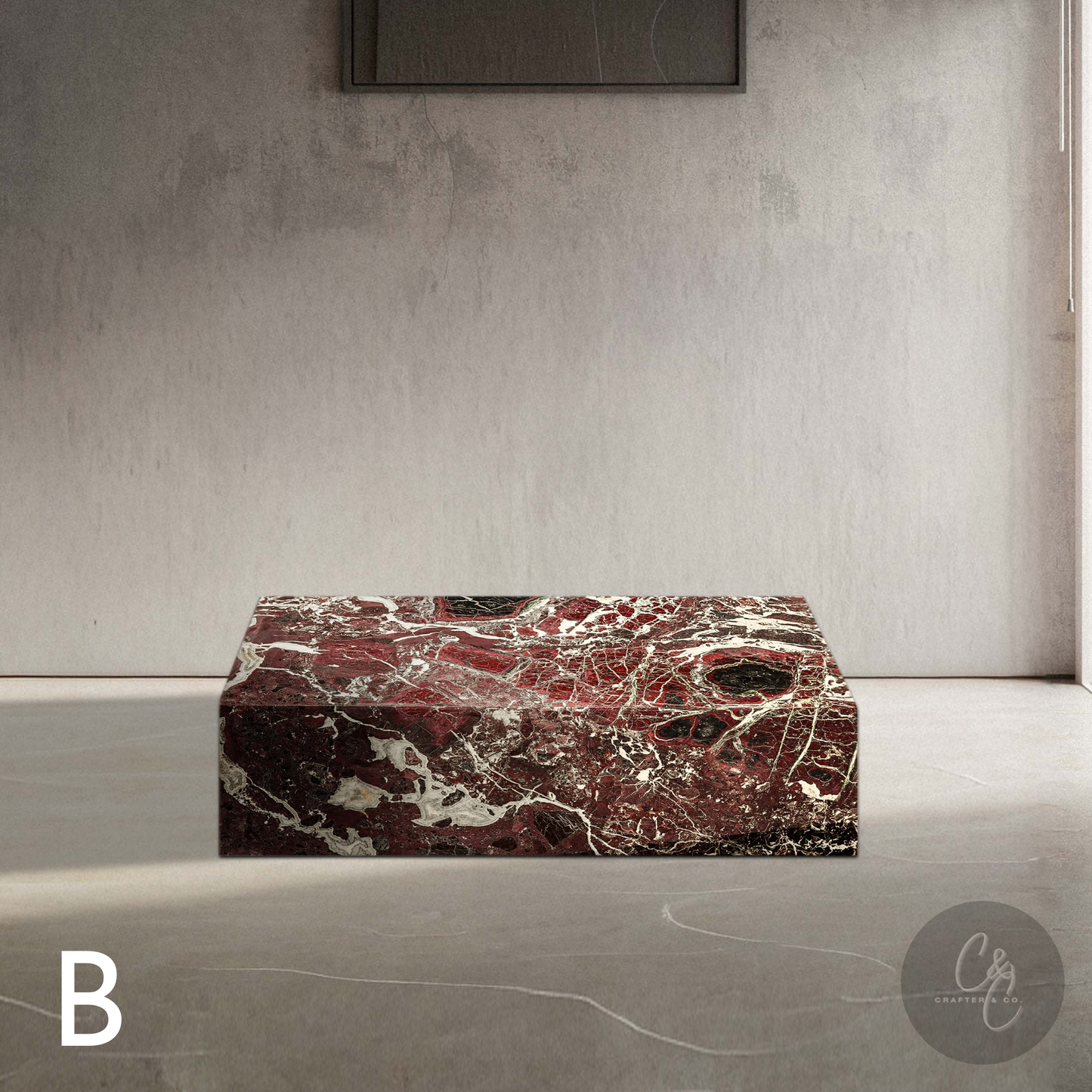 Front view of Small Block Rosso Levanto Marble Coffee Table Variant B featuring rich burgundy marble with natural white veining