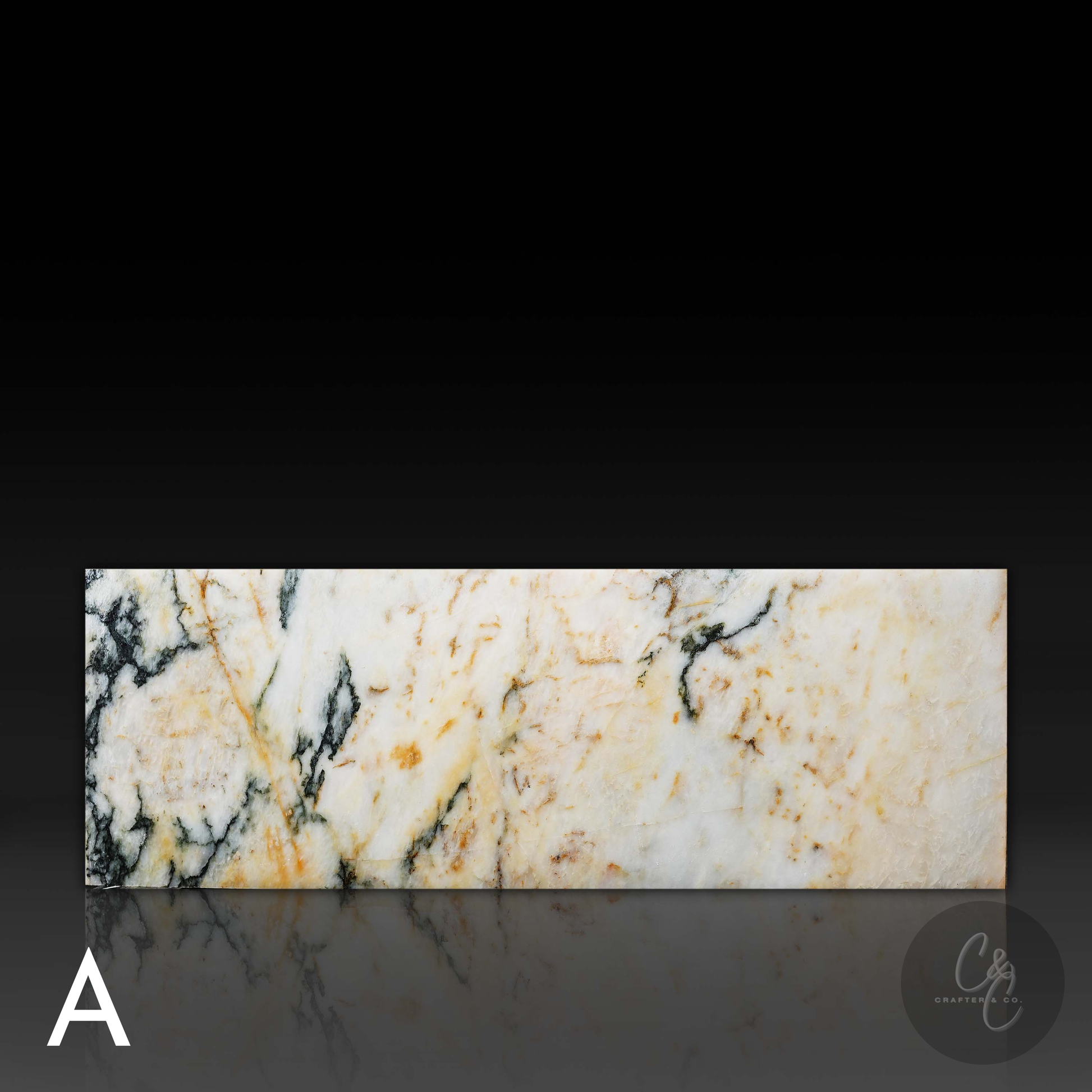 Back vprofile of small Calacatta Monet marble coffee table with natural white, gold and grey veining.(Variation A)