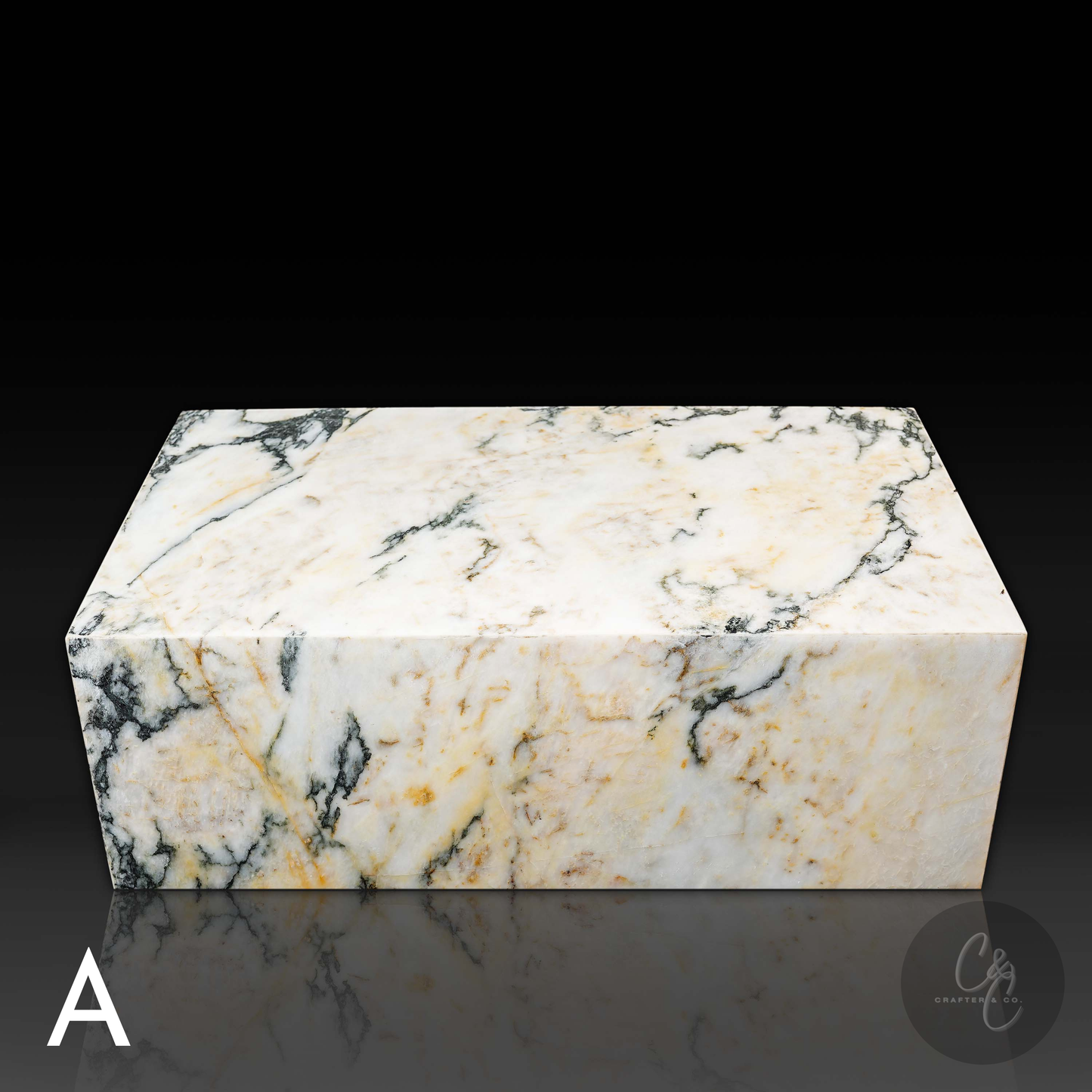 Front view of small Calacatta Monet marble coffee table with natural white, gold and grey veining.(Variaton A)