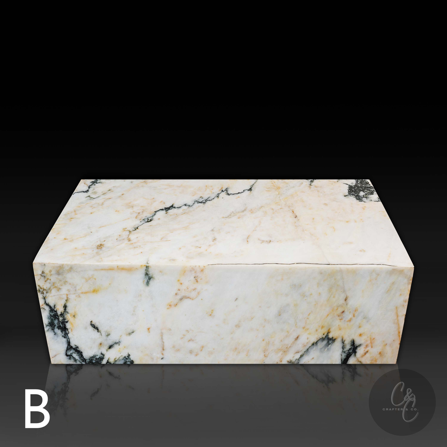 Front view of small Calacatta Monet marble coffee table with natural white, gold and grey veining.(Variation B)