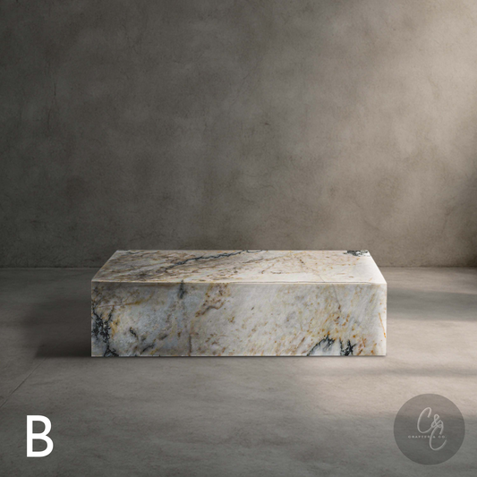 Small Calacatta Monet marble coffee table in honed finish with natural white, gold and grey veining.(Variation B)