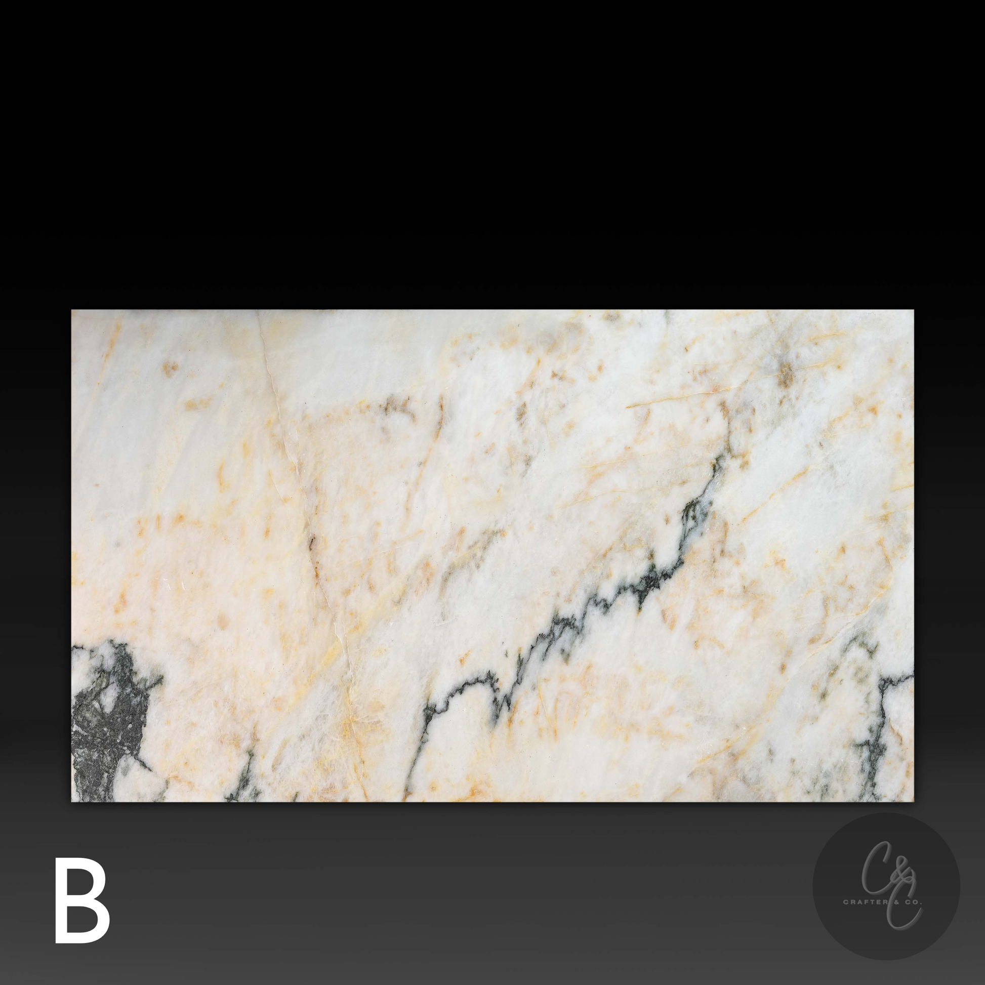 Top view of small Calacatta Monet marble coffee table with natural white, gold and grey veining.(Variation B)